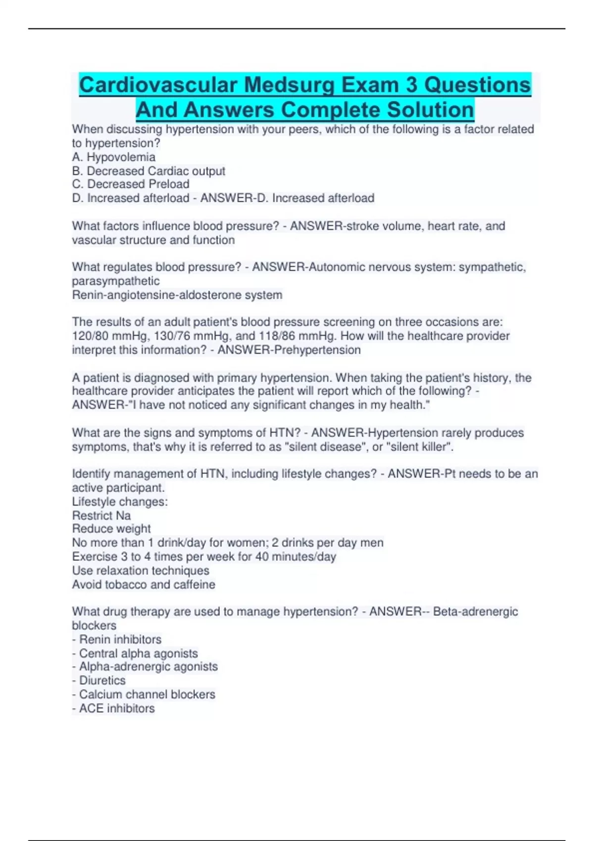 Cardiovascular Medsurg Exam 3 Questions And Answers Complete Solution ...