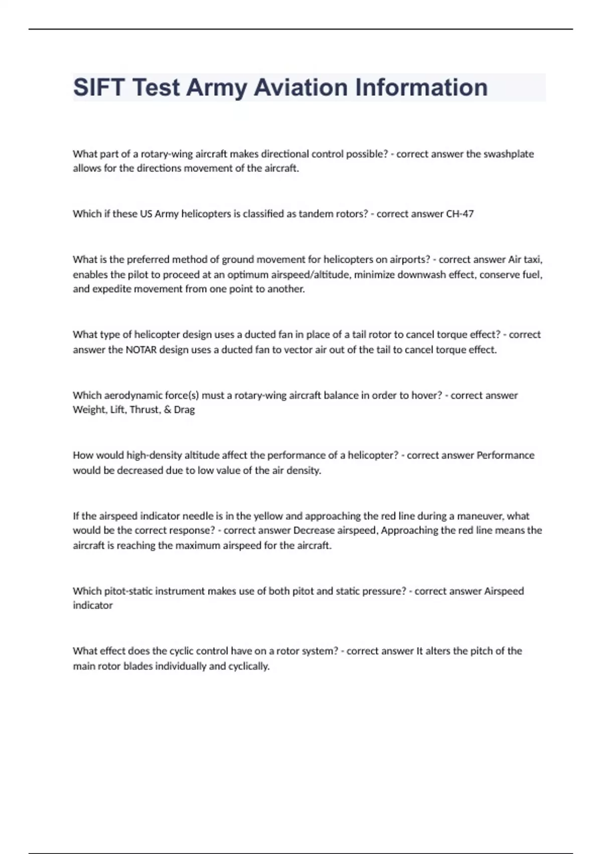 SIFT Test Army Aviation Information question n answers graded A+ 2023