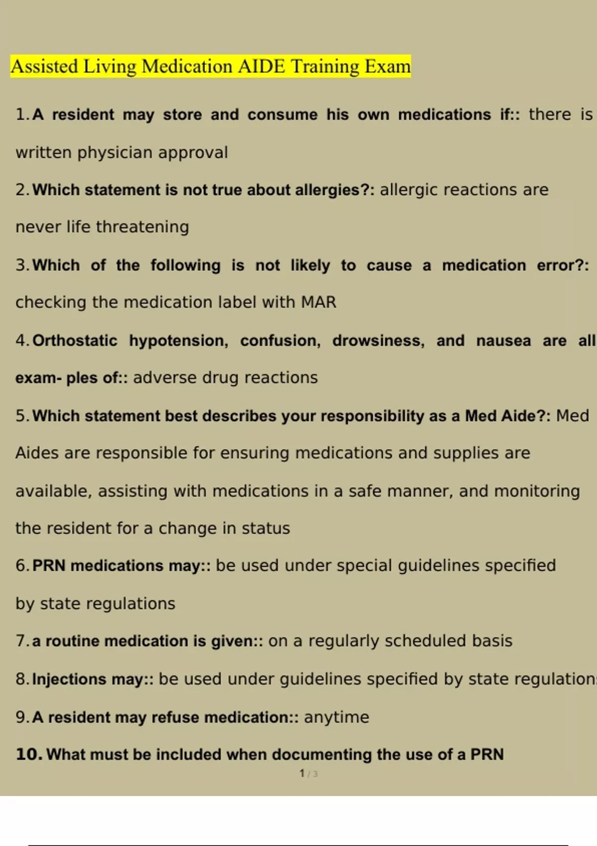 Medication AIDE Training Exam Questions and Answers Latest (2023 / 2024