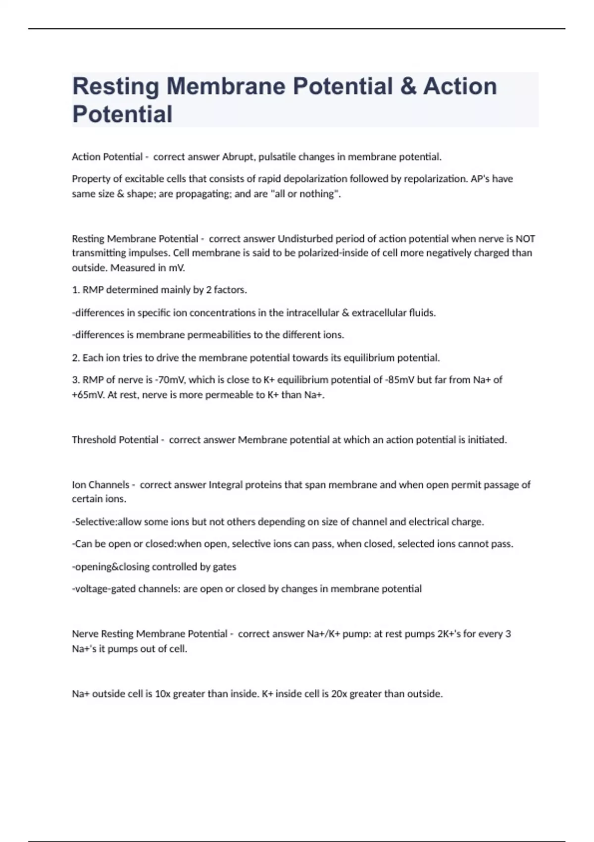 Resting Membrane Potential & Action Potential with correct answers ...
