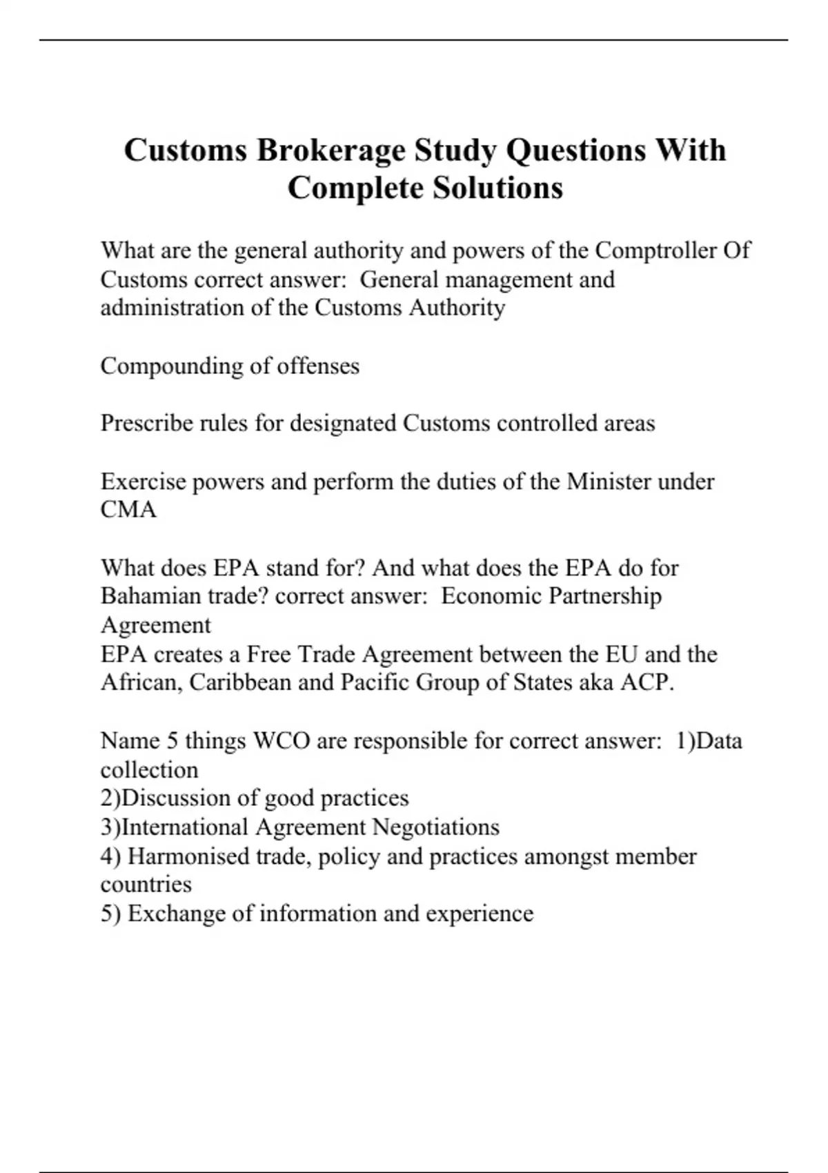 Customs Brokerage Study Questions With Complete Solutions - Customs ...