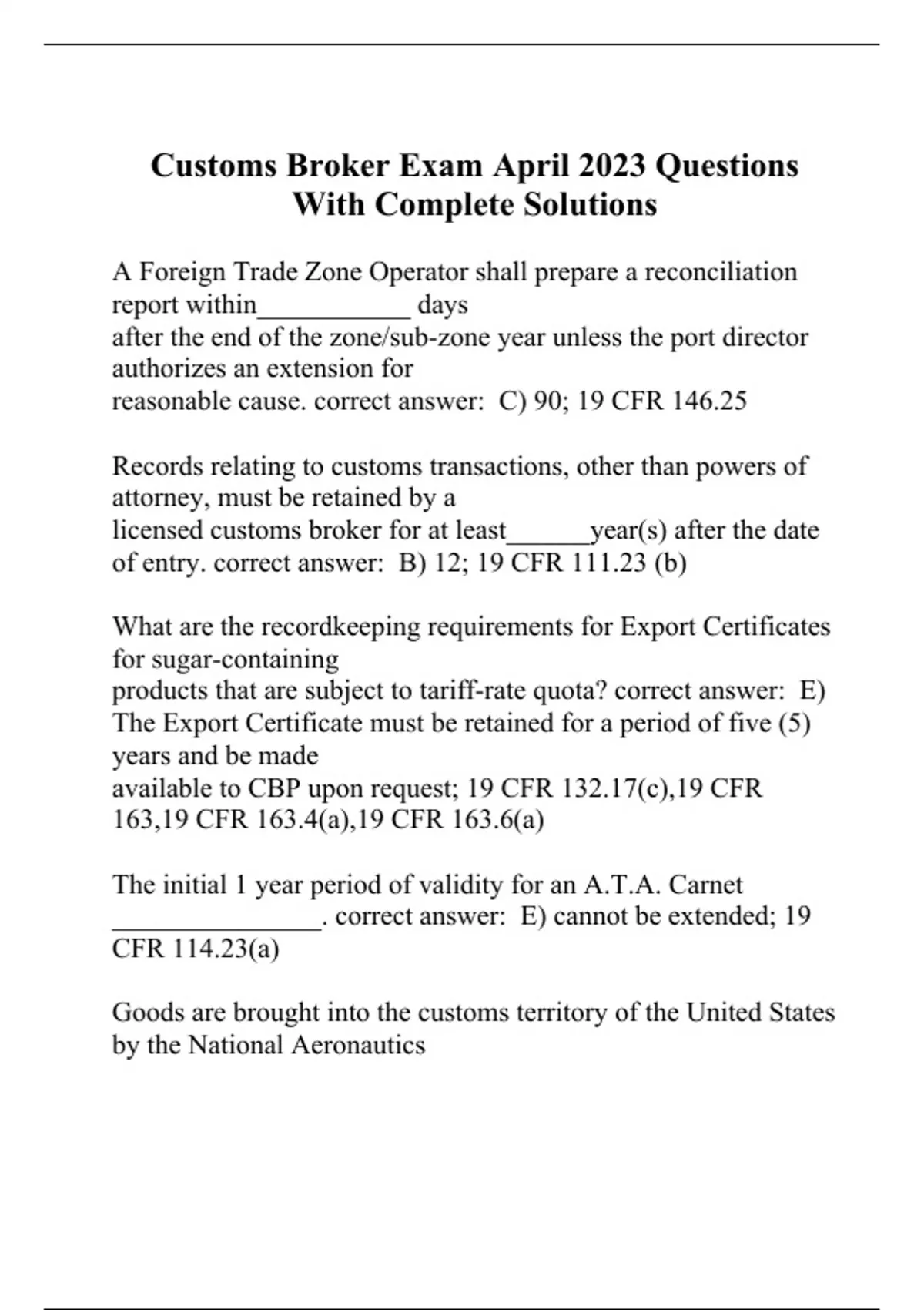 Customs Broker Exam April 2023 Questions With Complete Solutions