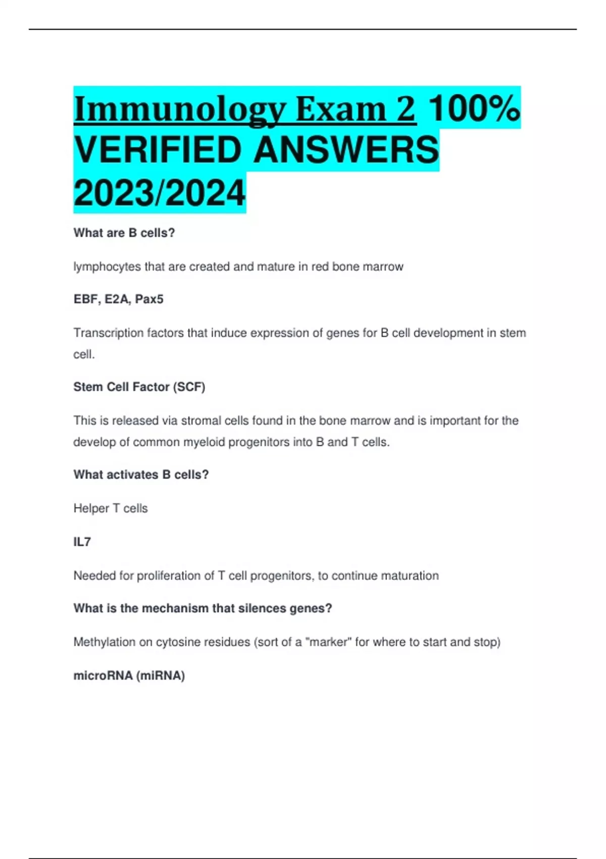 Immunology Exam 2 100% VERIFIED ANSWERS 2023/2024 - Immunology - Stuvia US