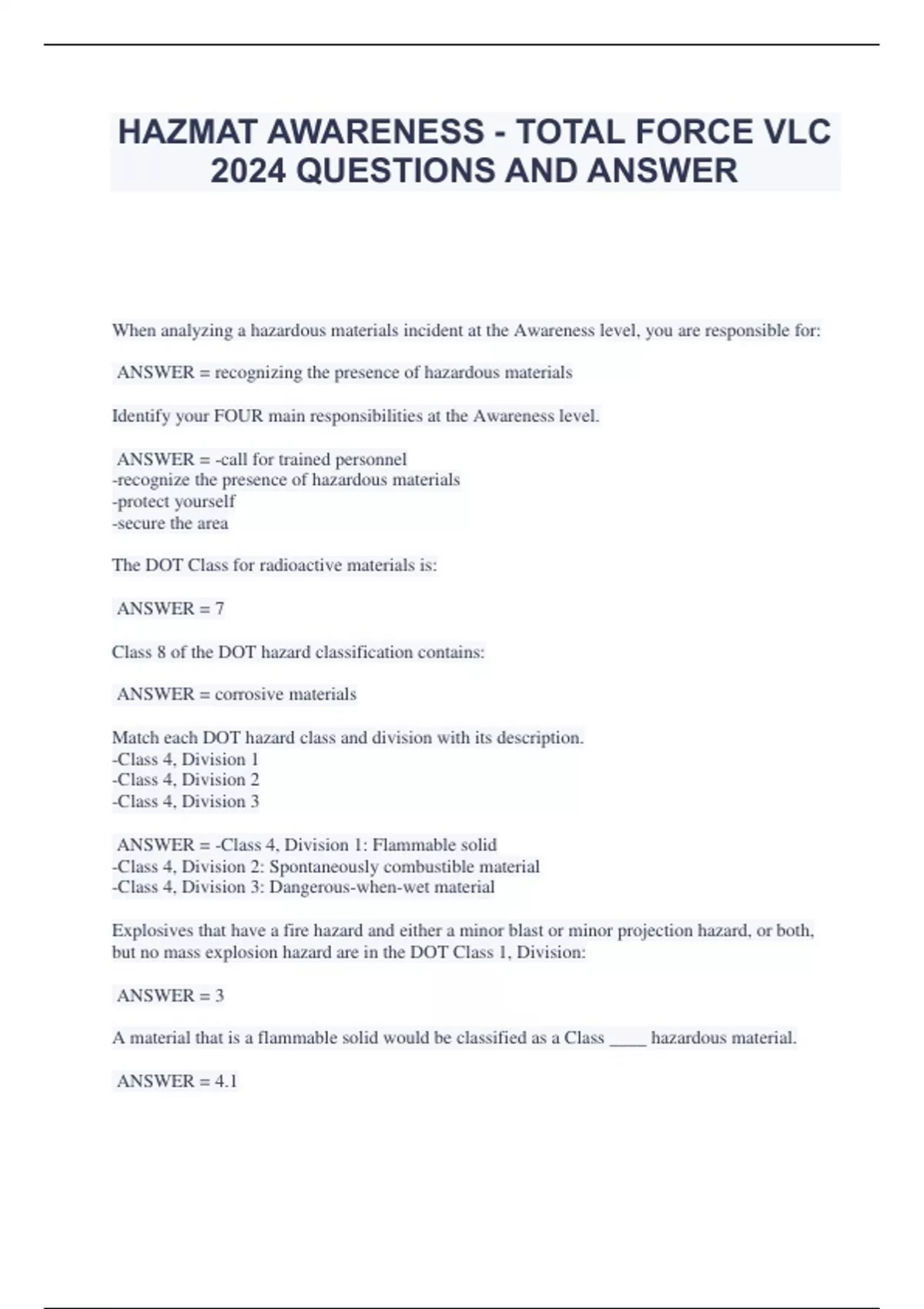 HAZMAT AWARENESS TOTAL FORCE VLC 2024 QUESTIONS AND ANSWER HAZMAT