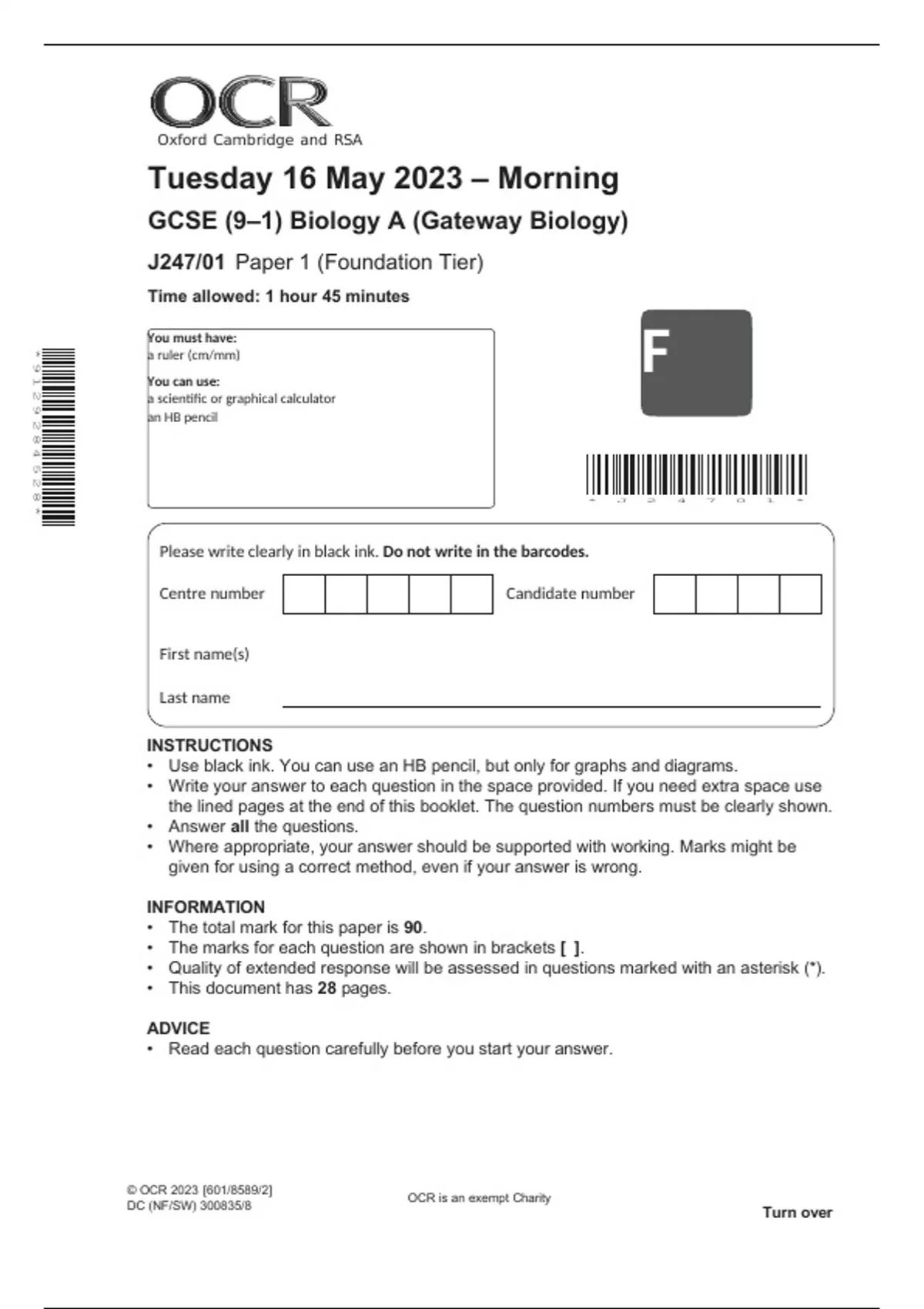 OCR GCSE (91) Biology A (Gateway Biology) J247/01 Paper 1 (Foundation