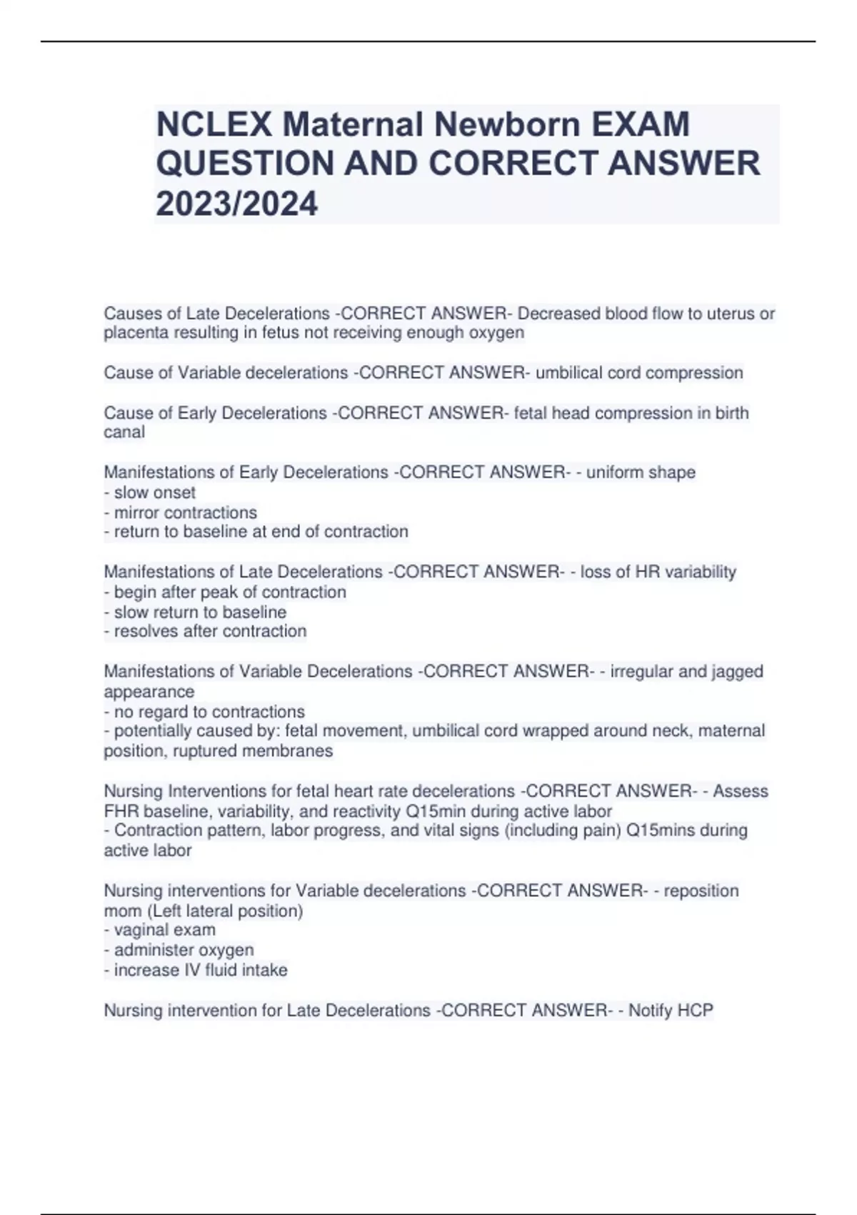 NCLEX Maternal Newborn EXAM QUESTION AND CORRECT ANSWER 2023/2024