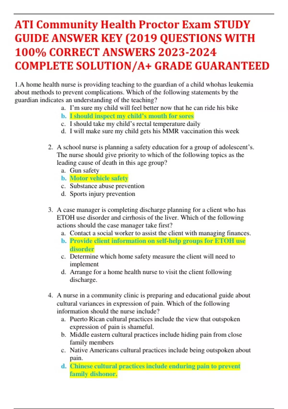 ATI Community Health Proctor Exam STUDY GUIDE ANSWER KEY (2019 ...