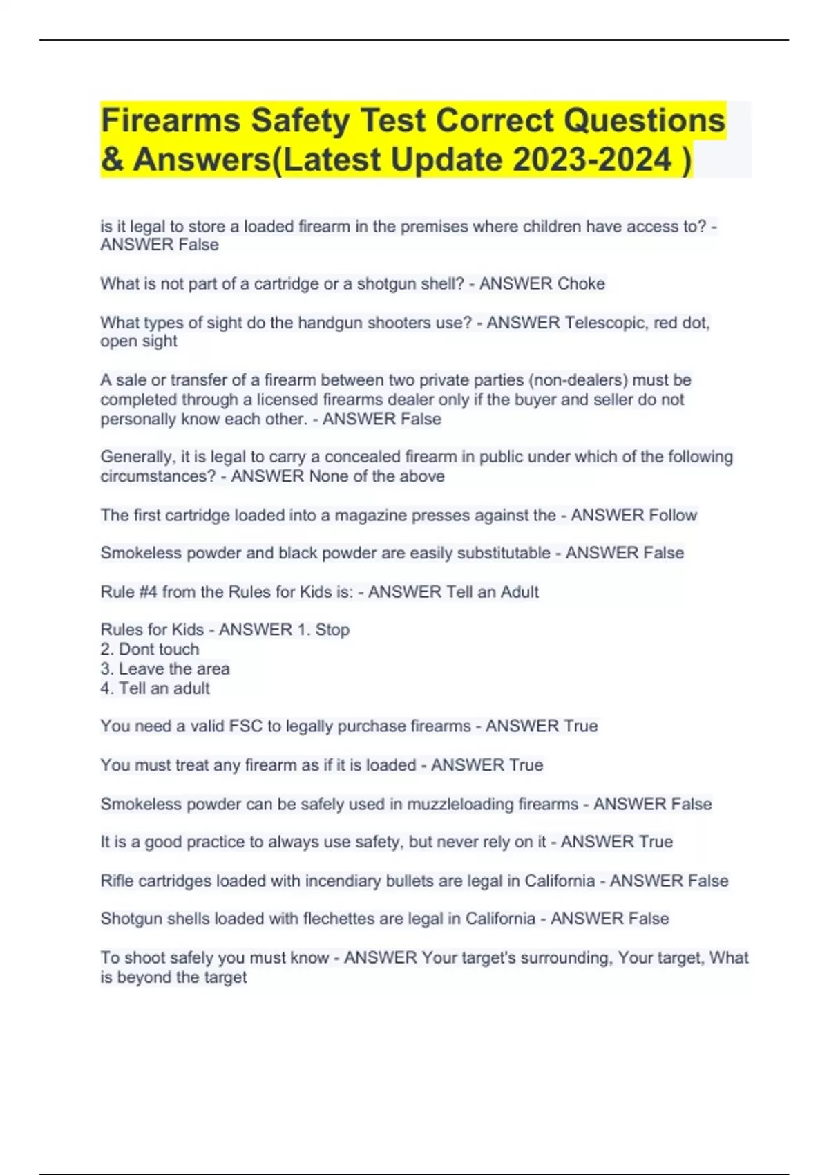 Firearms Safety Test Correct Questions & Answers(Latest Update