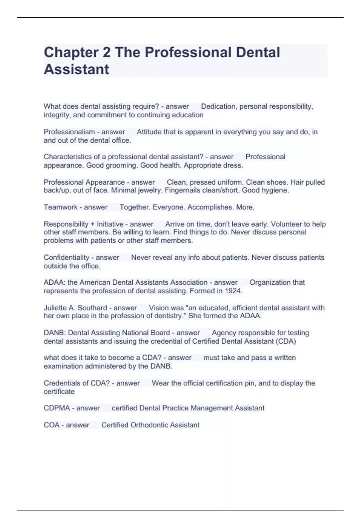 Chapter 2 The Professional Dental Assistant Questions with correct