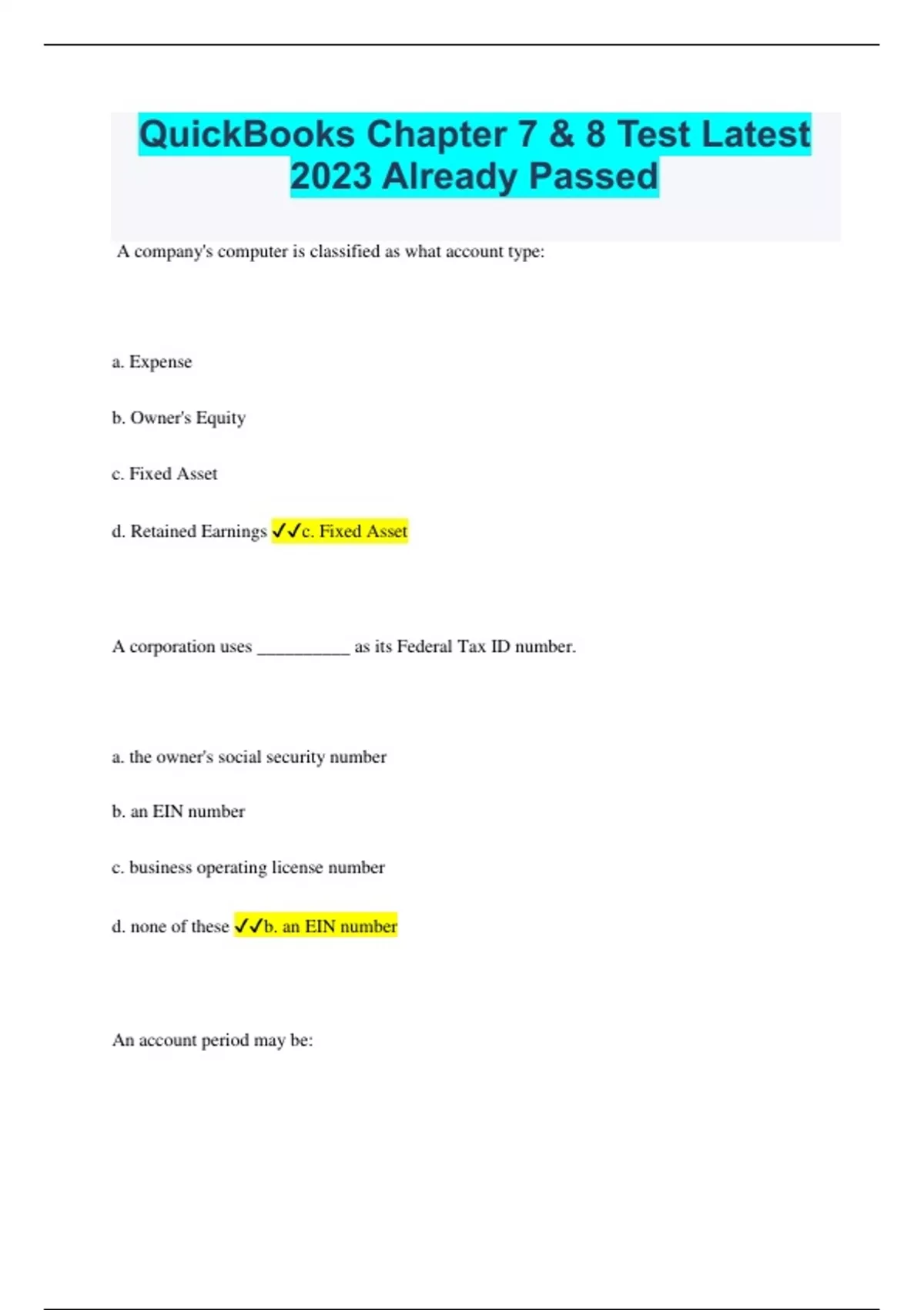 QuickBooks Chapter 7 & 8 Test Latest 2023 Already Passed(23/24