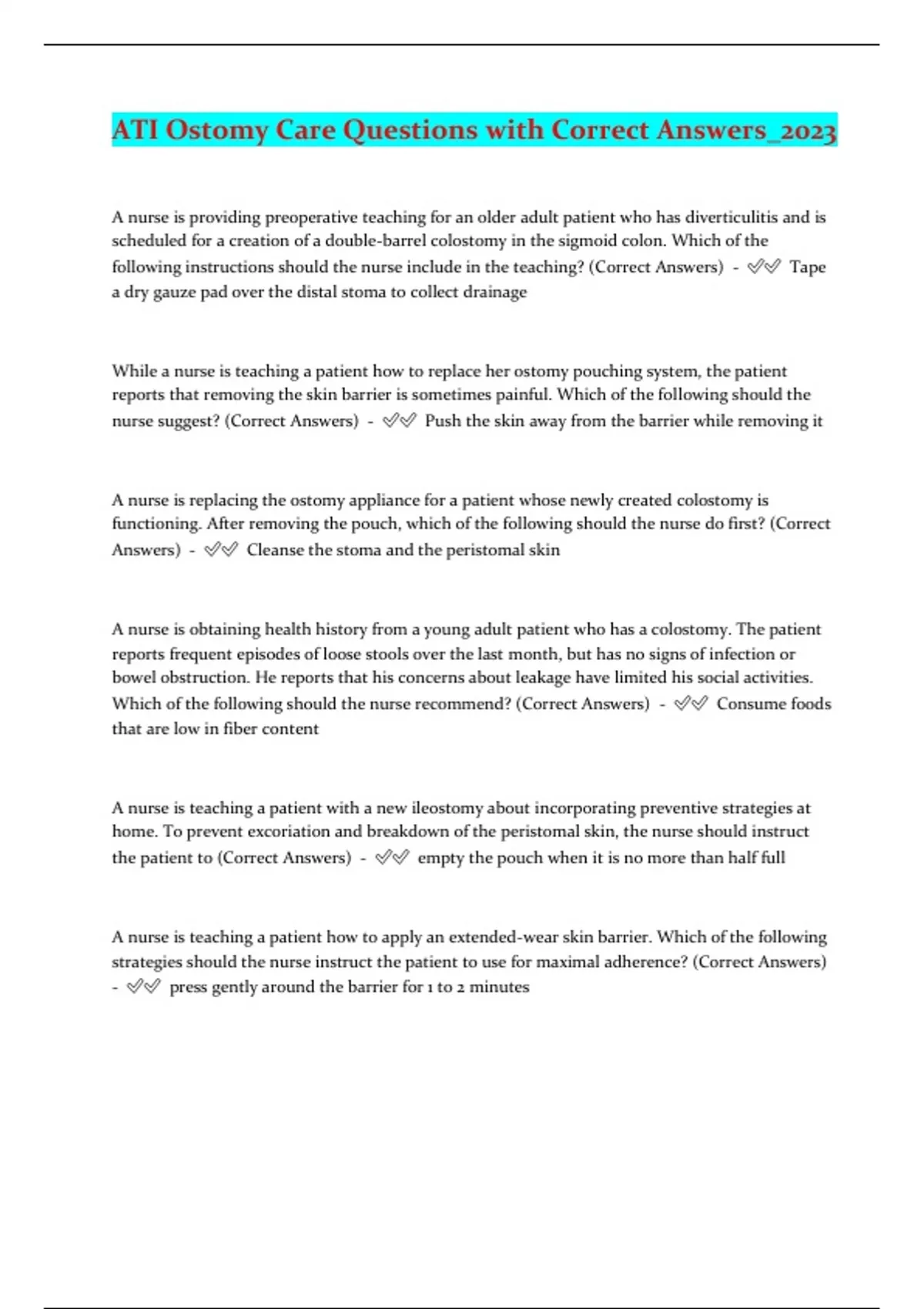 ATI Ostomy Care Questions with Correct Answers_2023 ATI Ostomy Care