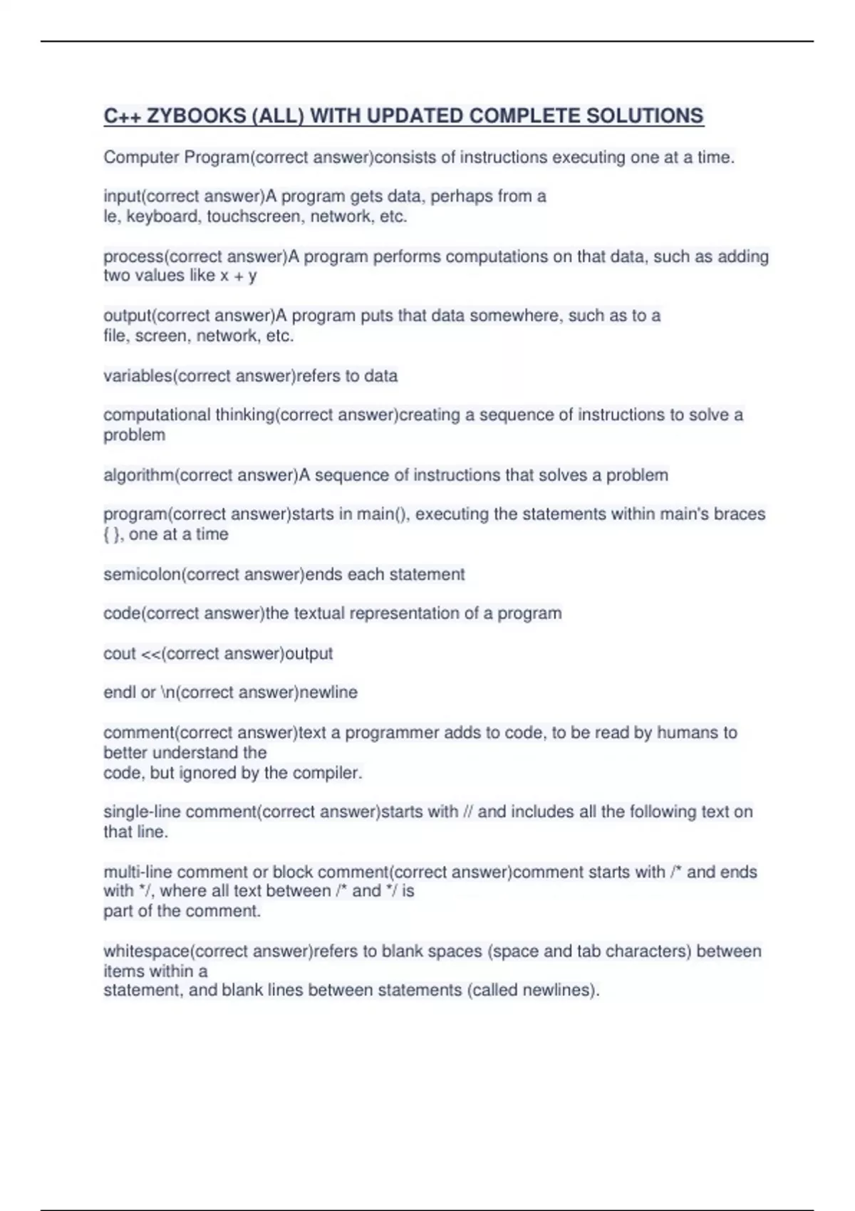 C++ ZYBOOKS (ALL) WITH UPDATED COMPLETE SOLUTIONS - C++ ZYBOOKS - Stuvia US