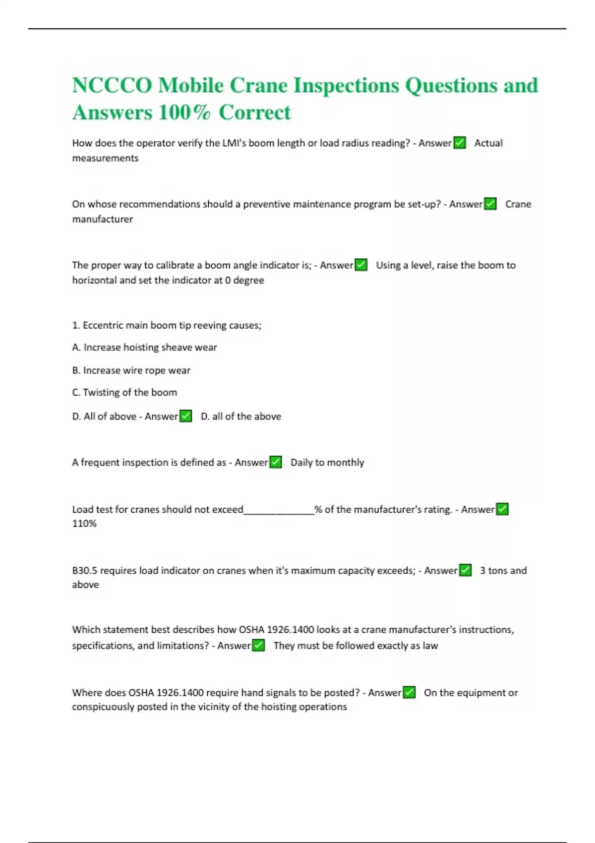 NCCCO Mobile Crane Inspections Questions and Answers 100 Correct Nccco Stuvia US