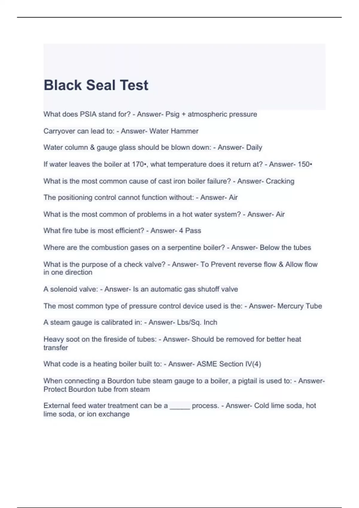 Black Seal Test 2023 Questions and Answers High Pressure Boiler