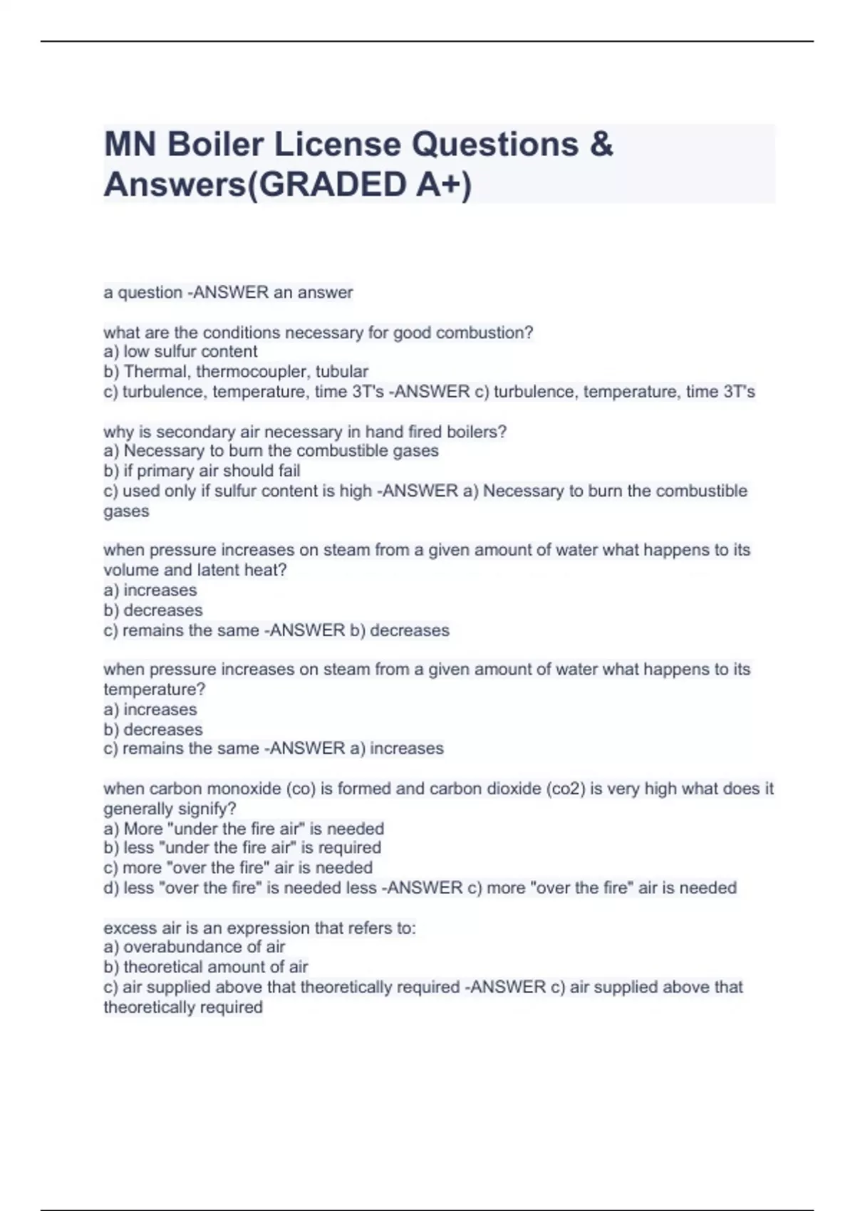 MN Boiler License Questions & Answers(GRADED A+) MN Boiler Stuvia US