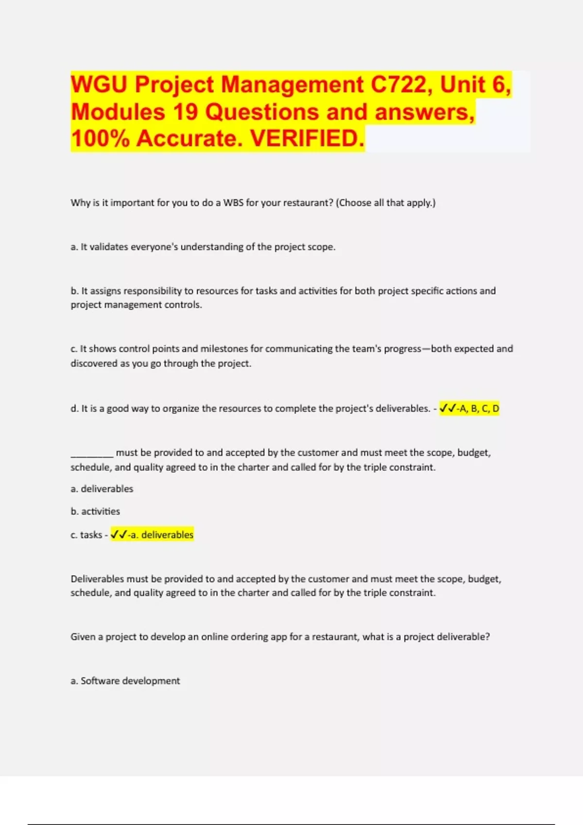 WGU Project Management C722, Unit 6, Modules 19 Questions and answers