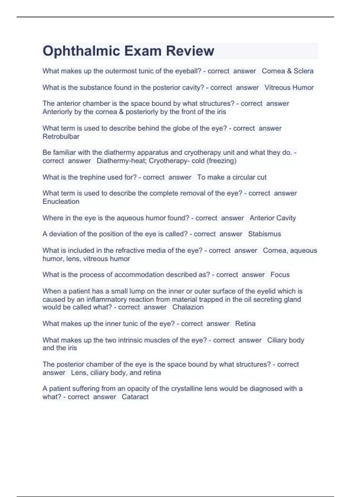 Ophthalmic Exam Review Question and answers correctly solved 2023