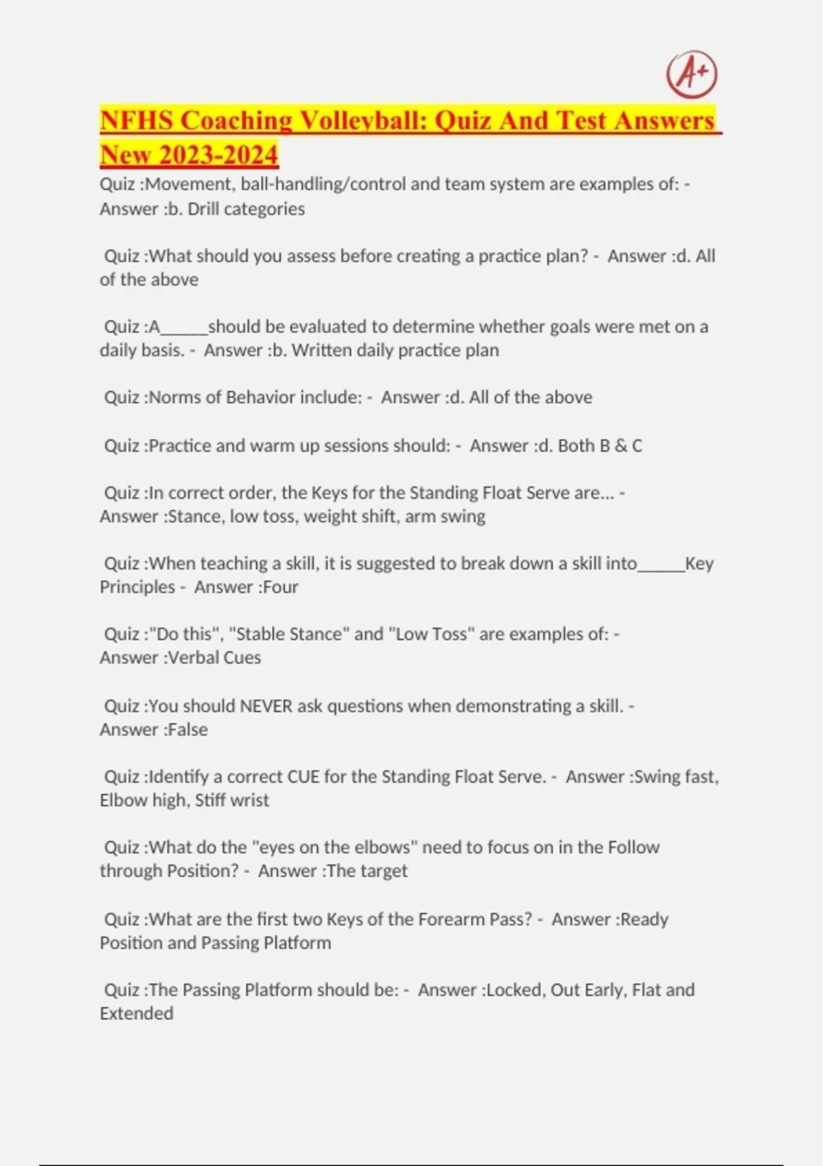 NFHS Coaching Volleyball Quiz And Test Answers New Stuvia US