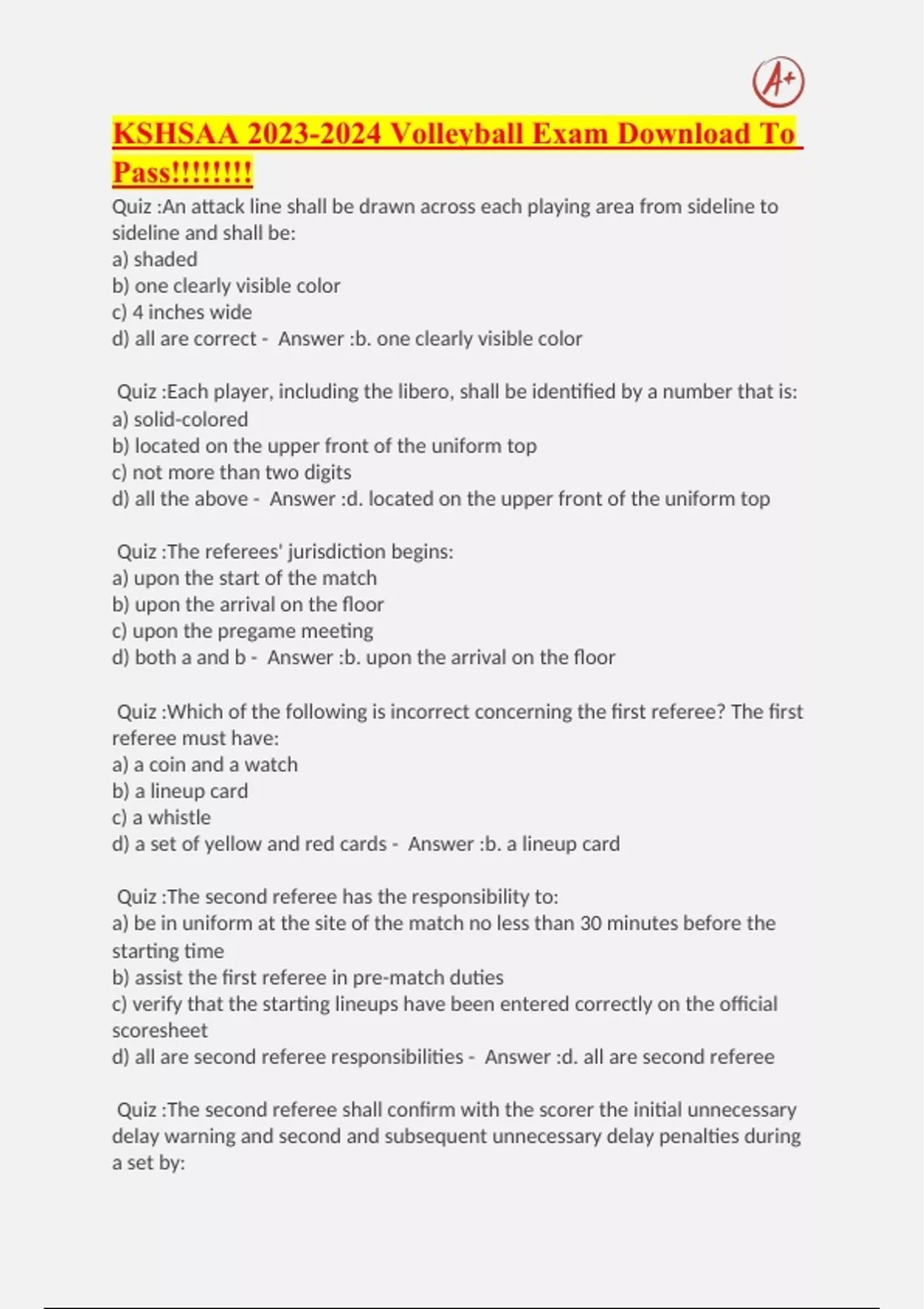 KSHSAA Volleyball Exam Download To Pass!!!!!!!! KSHSAA 20232024 Volleyball Exam Download To