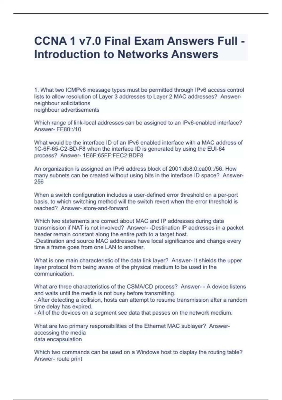 Ccna 1 V7 0 Final Exam Answers Full Introduction To Networks Answers