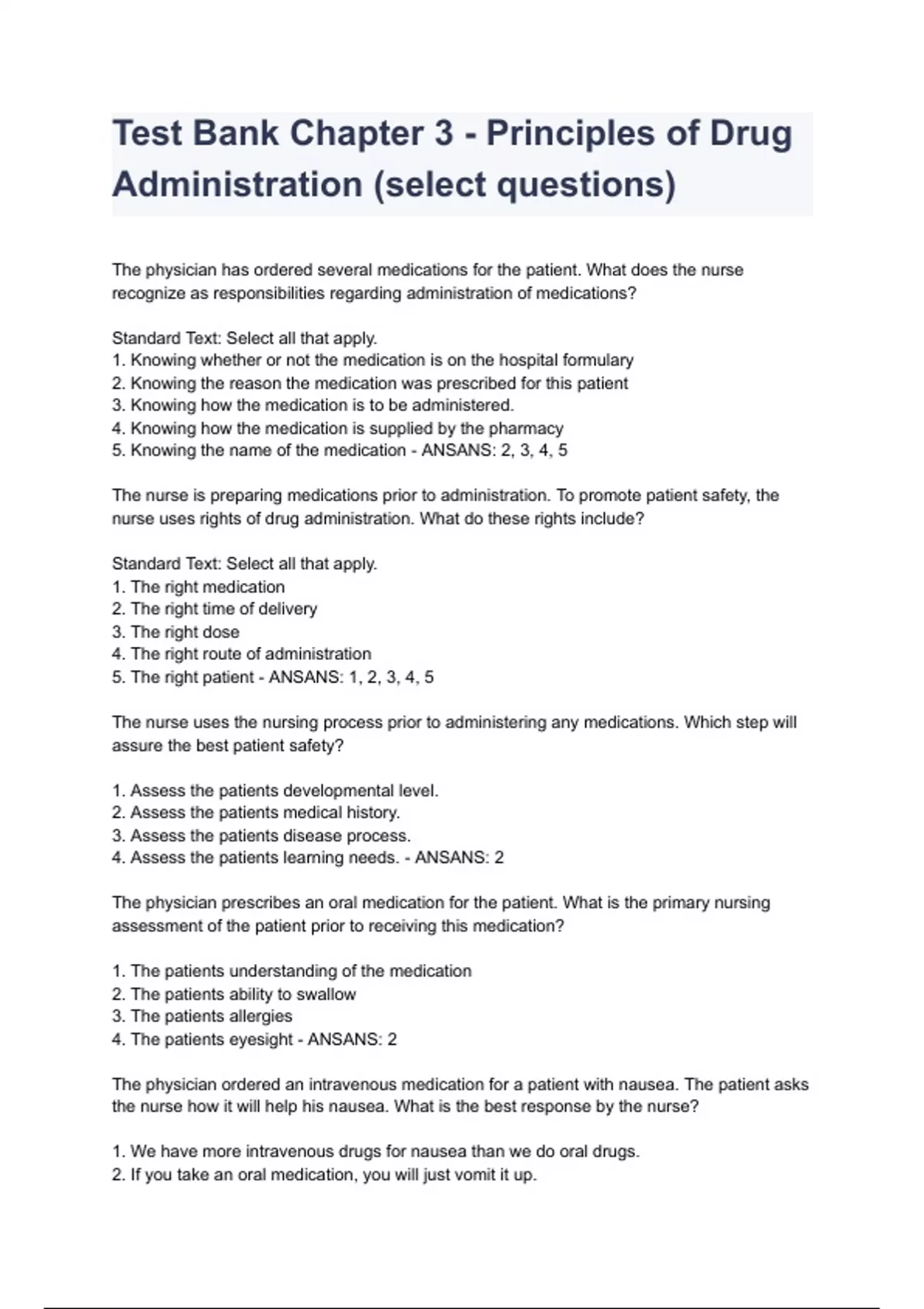 Test Bank Chapter 3 - Principles of Drug Administration (select ...