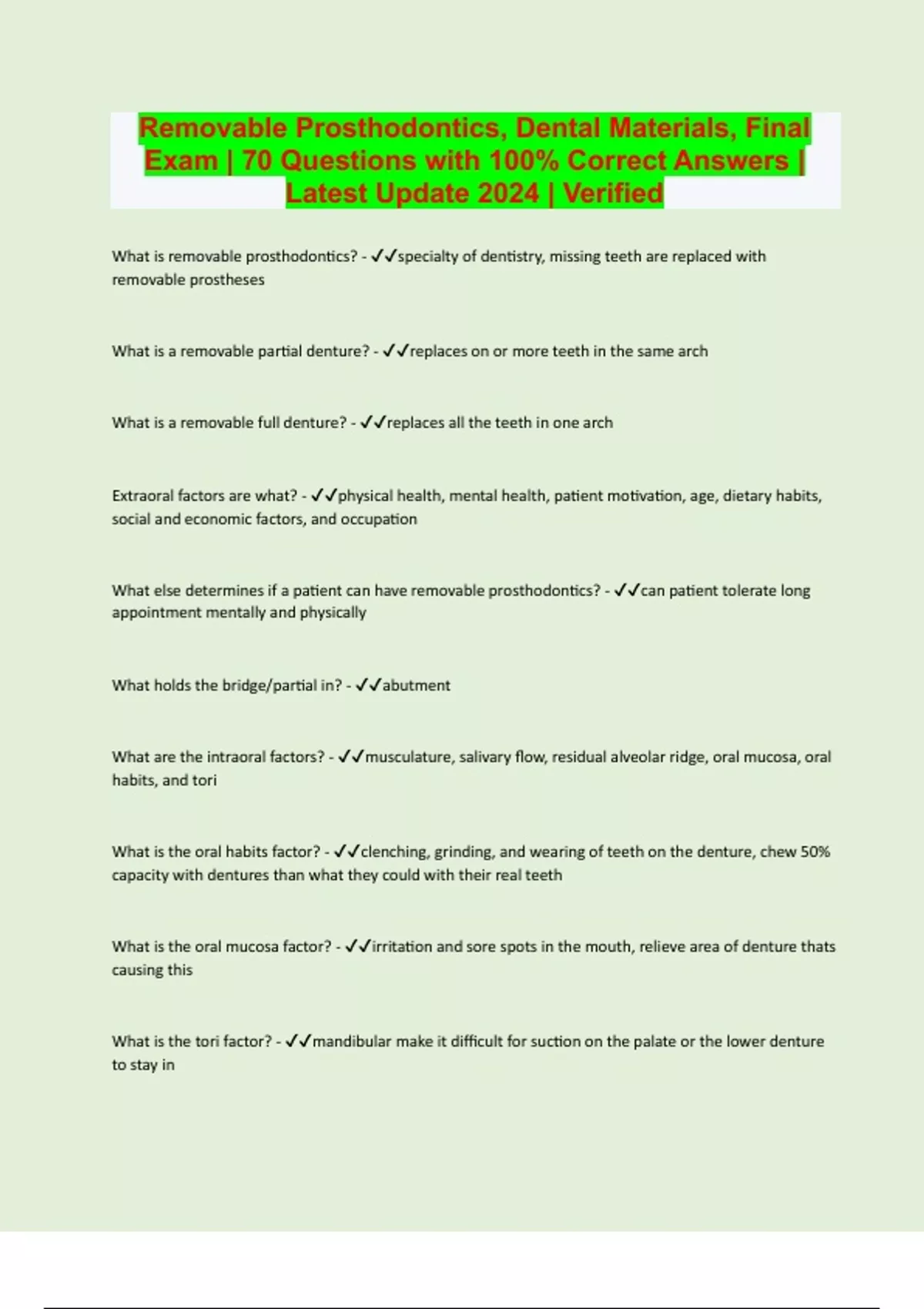 Removable Prosthodontics, Dental Materials, Final Exam 70 Questions with 100 Correct Answers