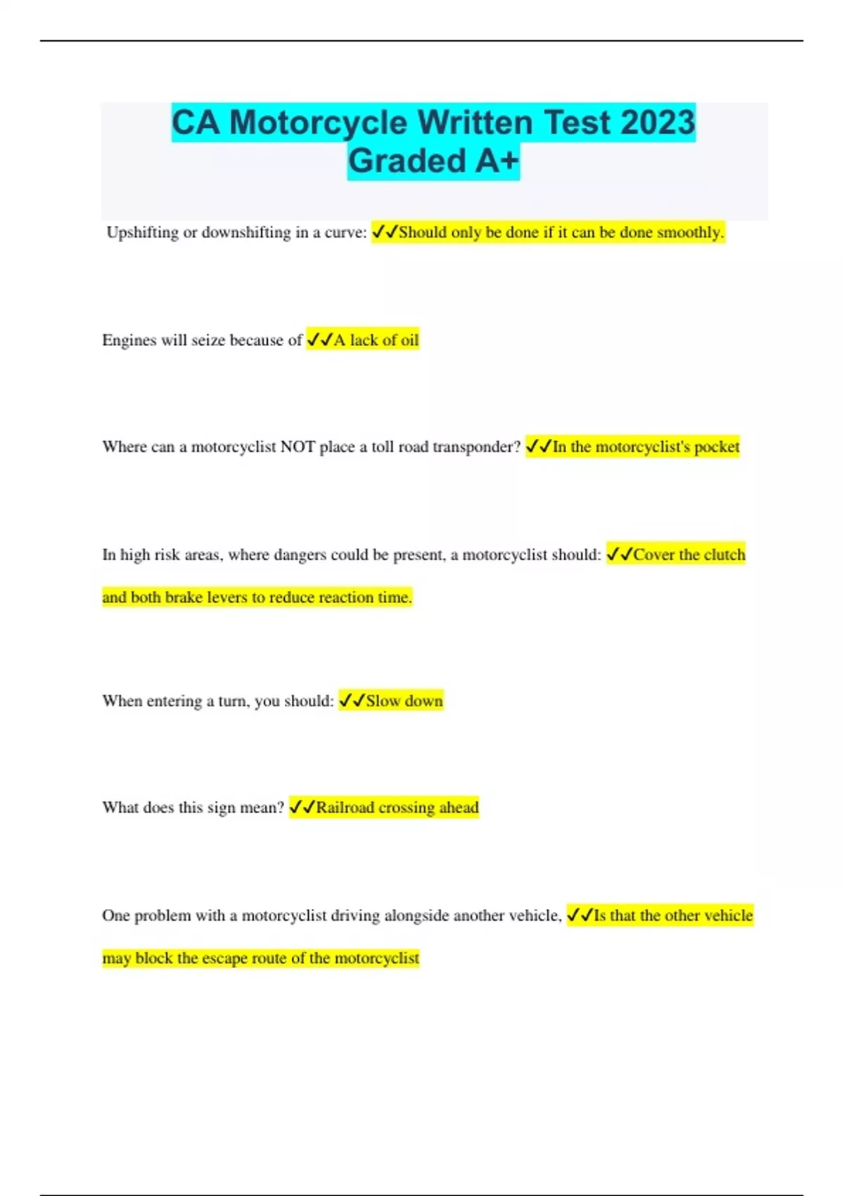 CA Motorcycle Written Test 2023 Graded A+ CA Motorcycle Stuvia US