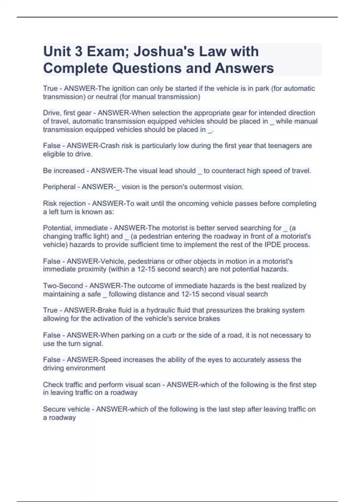 Unit 3 Exam; Joshua's Law with Complete Questions and Answers Joshua\'s Law Stuvia US