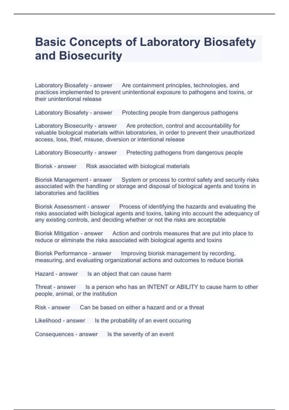 Basic Concepts of Laboratory Biosafety and Biosecurity Questions with