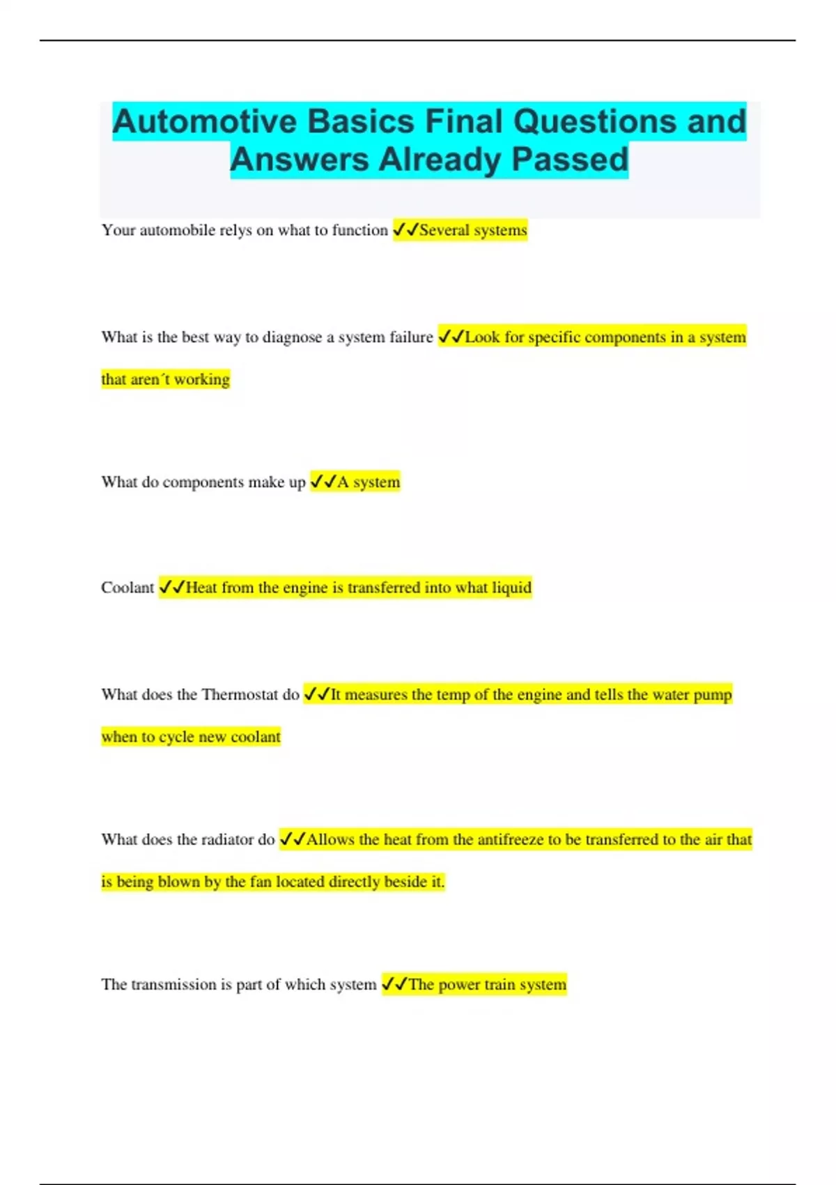 Automobile Questions Automotive Basics Final Questions and Answers Already Passed ...
