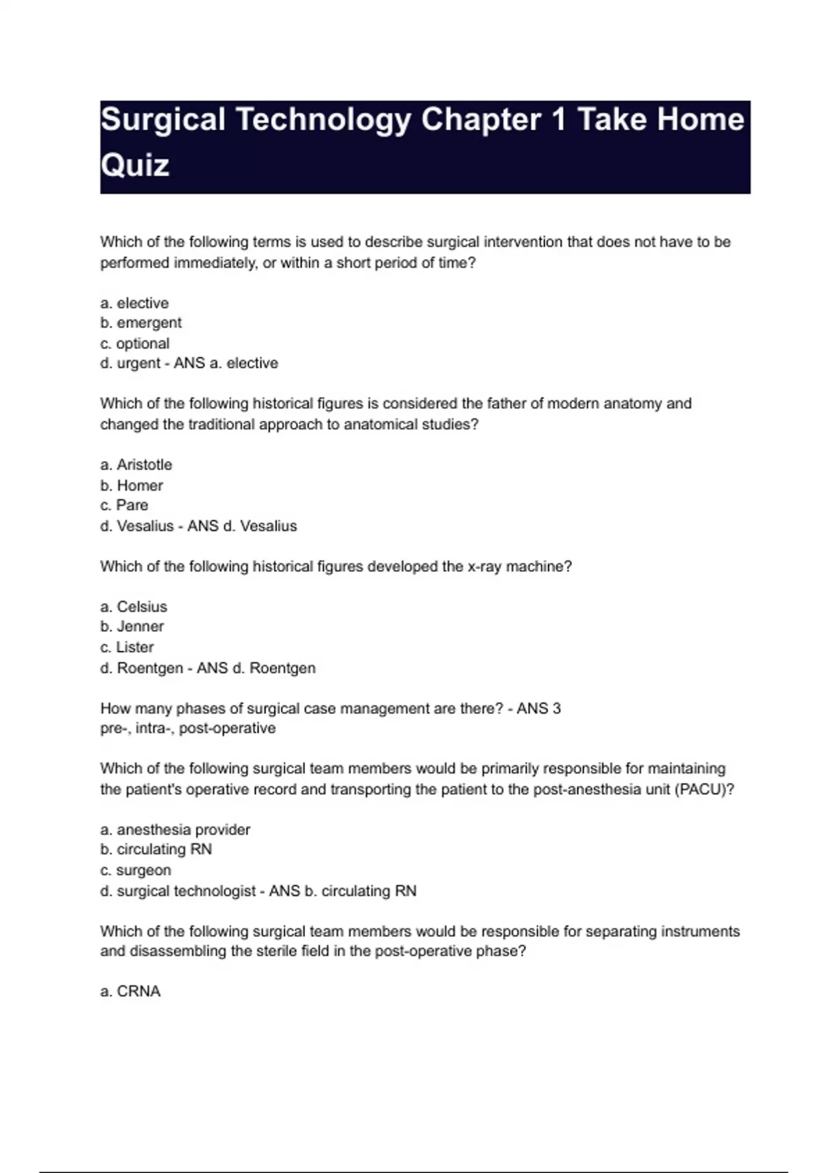 Surgical Technology Chapter 1 Take Home Quiz With Answers. - NBSTSA ...
