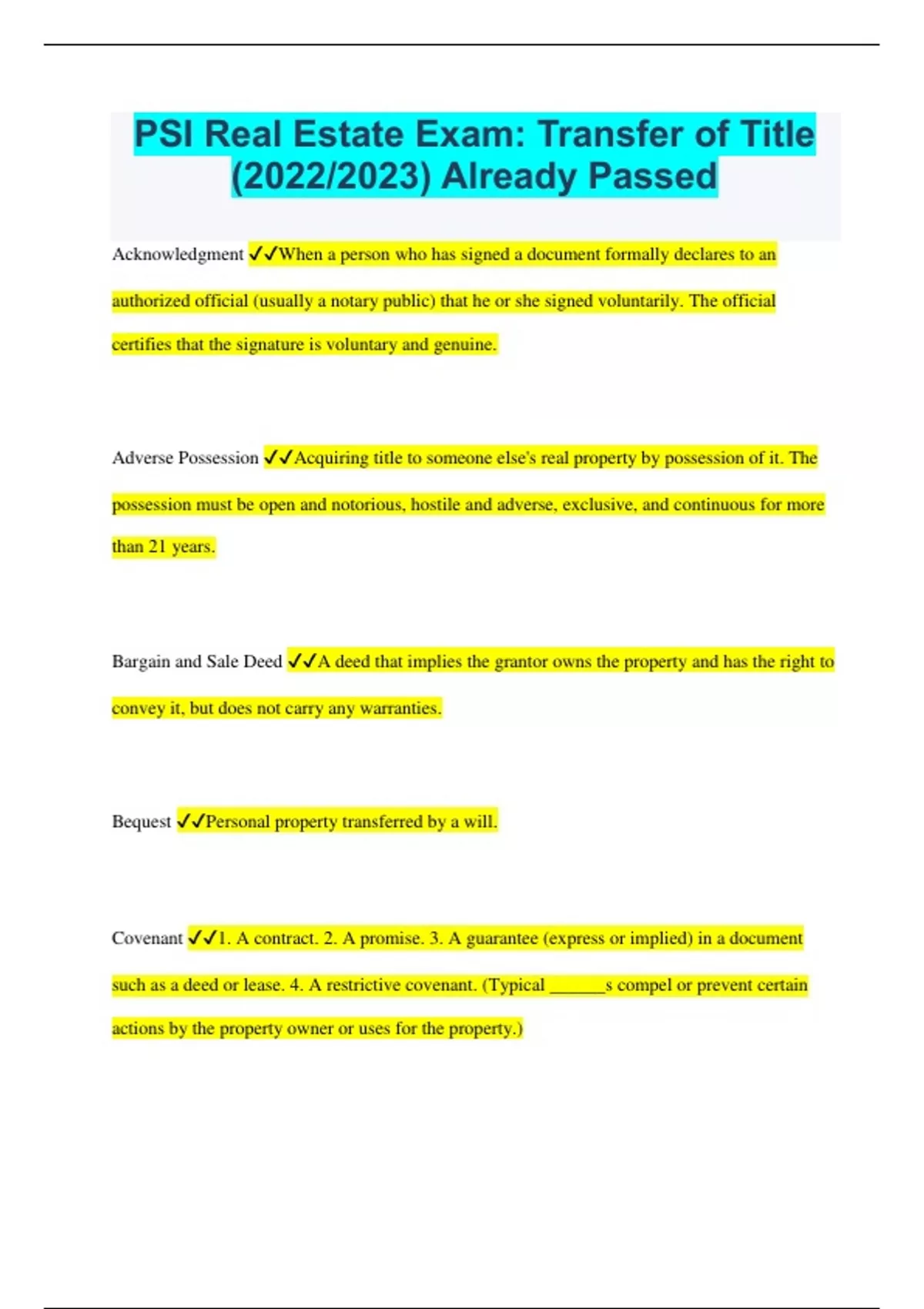 PSI Real Estate Exam Transfer of Title (2023/2024) Already Passed PSI Real Estate prac