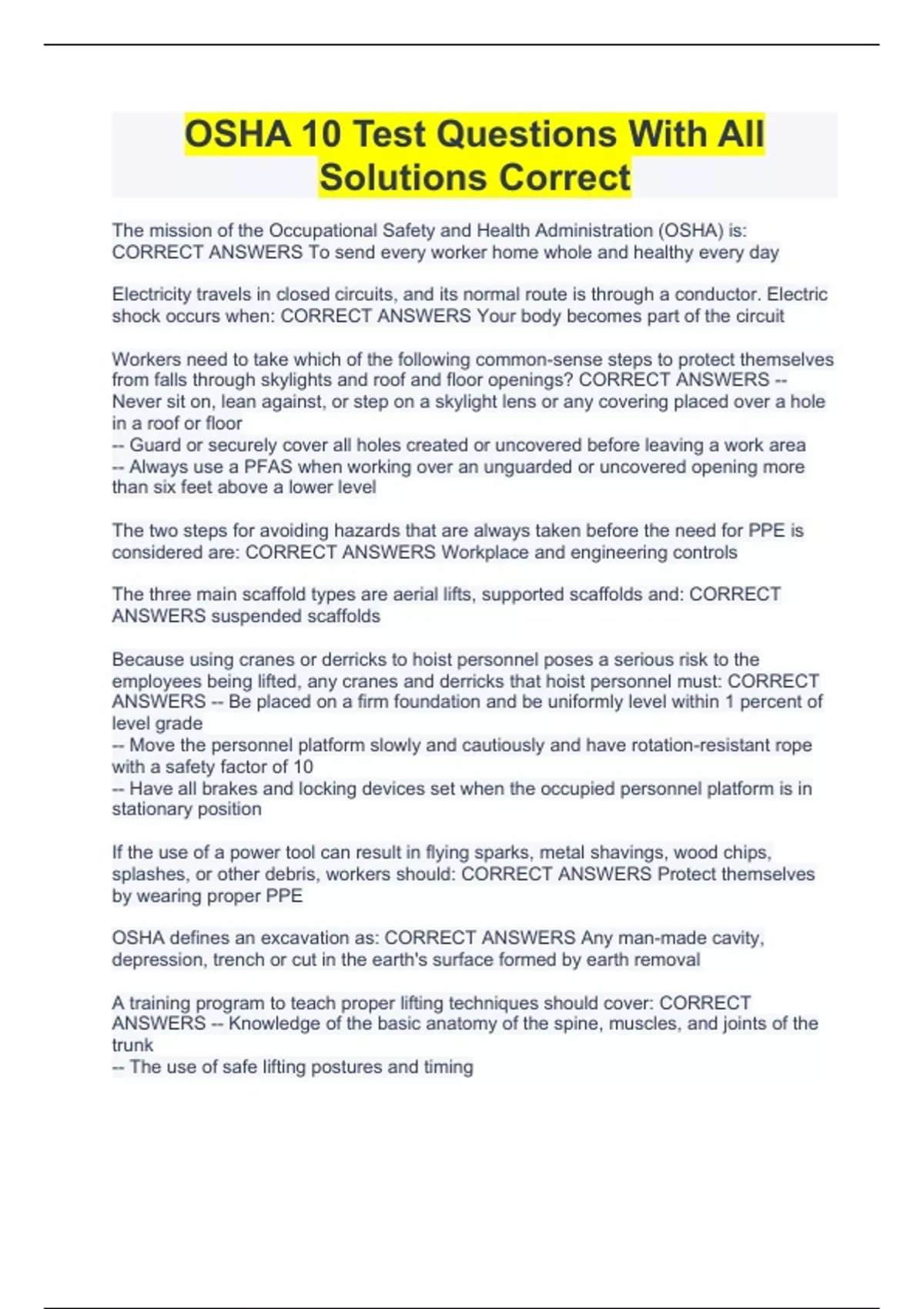 OSHA 10 Test Questions With All Solutions Correct OSHA 10 Stuvia US