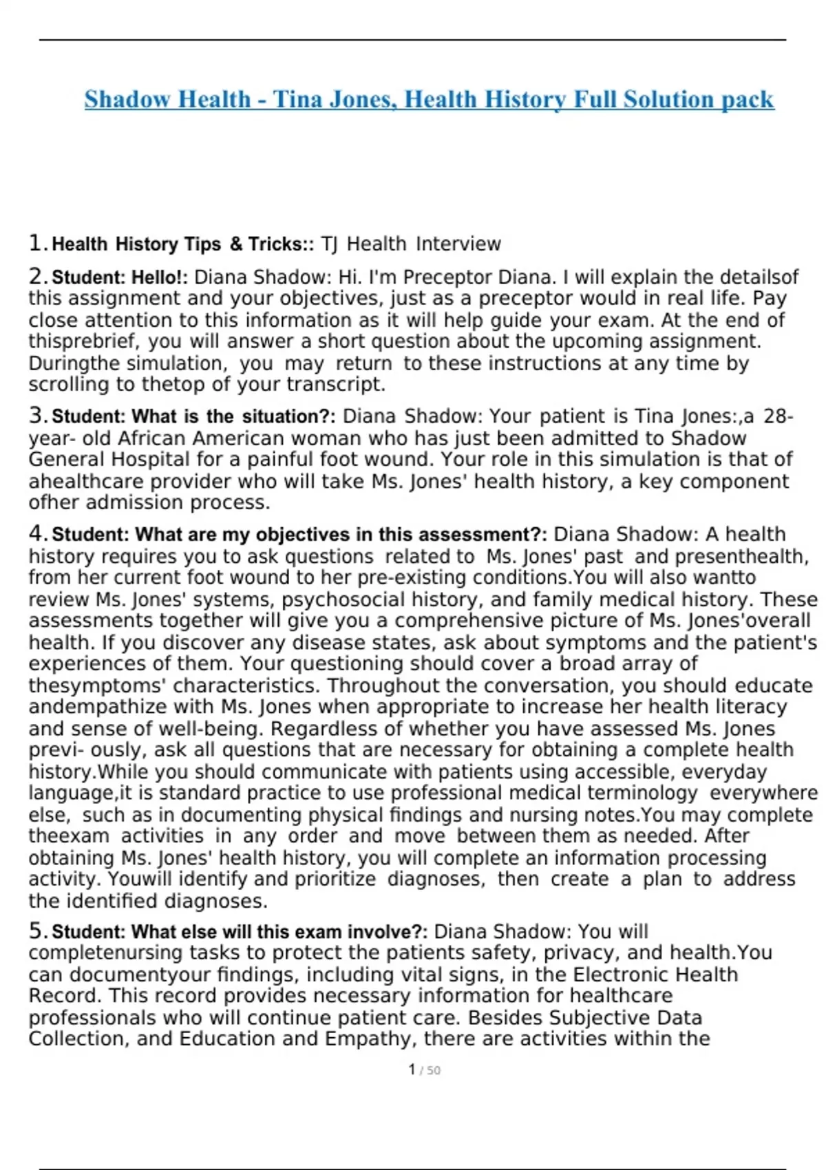 Shadow Health Tina Jones Health History Full Solution Pack Updated Shadow health tina jones health history full solution pack updated