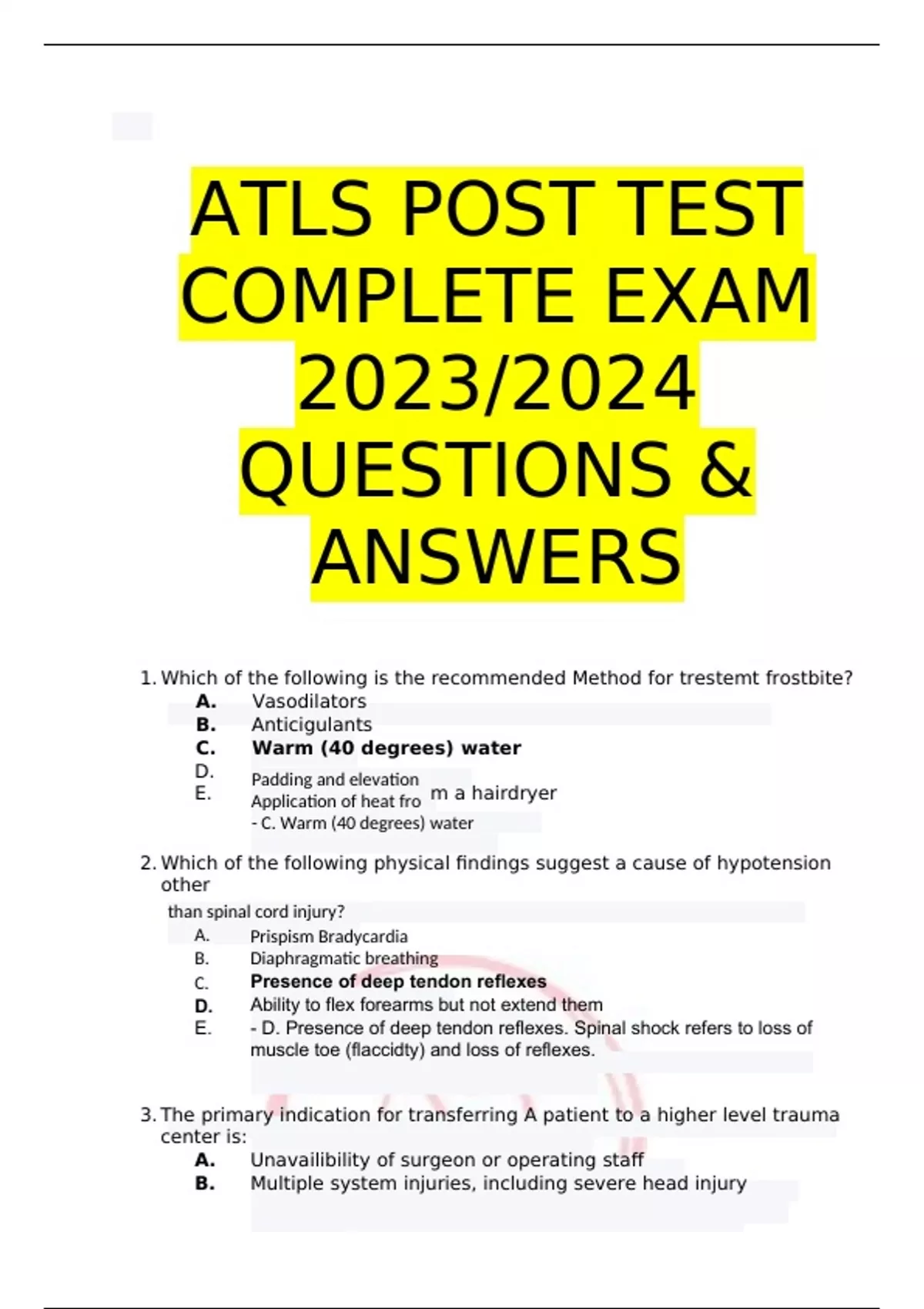 ATLS POST TEST COMPLETE EXAM 2023/2024 QUESTIONS & ANSWERS ATLS POST
