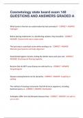 Cosmetology state board exam 140 QUESTIONS AND ANSWERS GRADED A       What bonds in the hair are easily broken by heat and water&quest; - CORRECT  ANSWER  Hydrogen    Before placing implements in a disinfecting solution&comma; they should be - CORRECT  ANSWER  Cleane