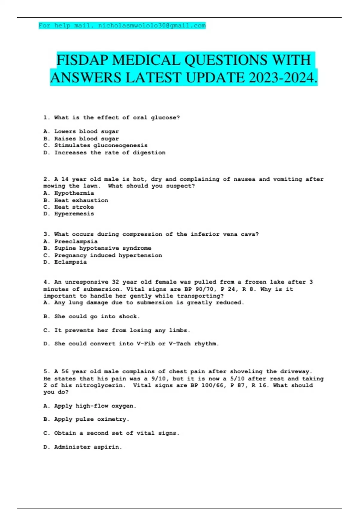 FISDAP MEDICAL QUESTIONS WITH ANSWERS LATEST UPDATE . FISDAP MEDICAL