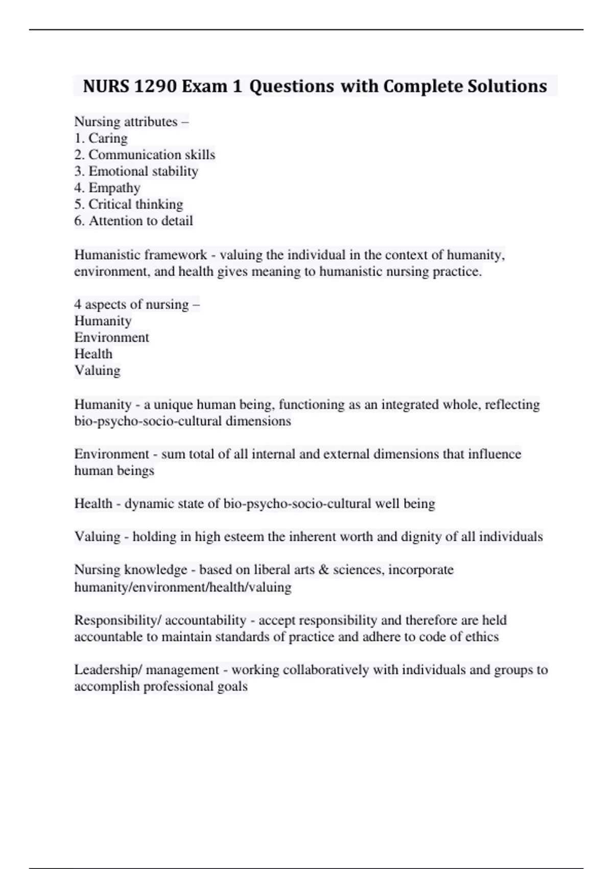 NURS 1290 Exam 1 Questions with Complete Solutions - NURS1290 - Stuvia US