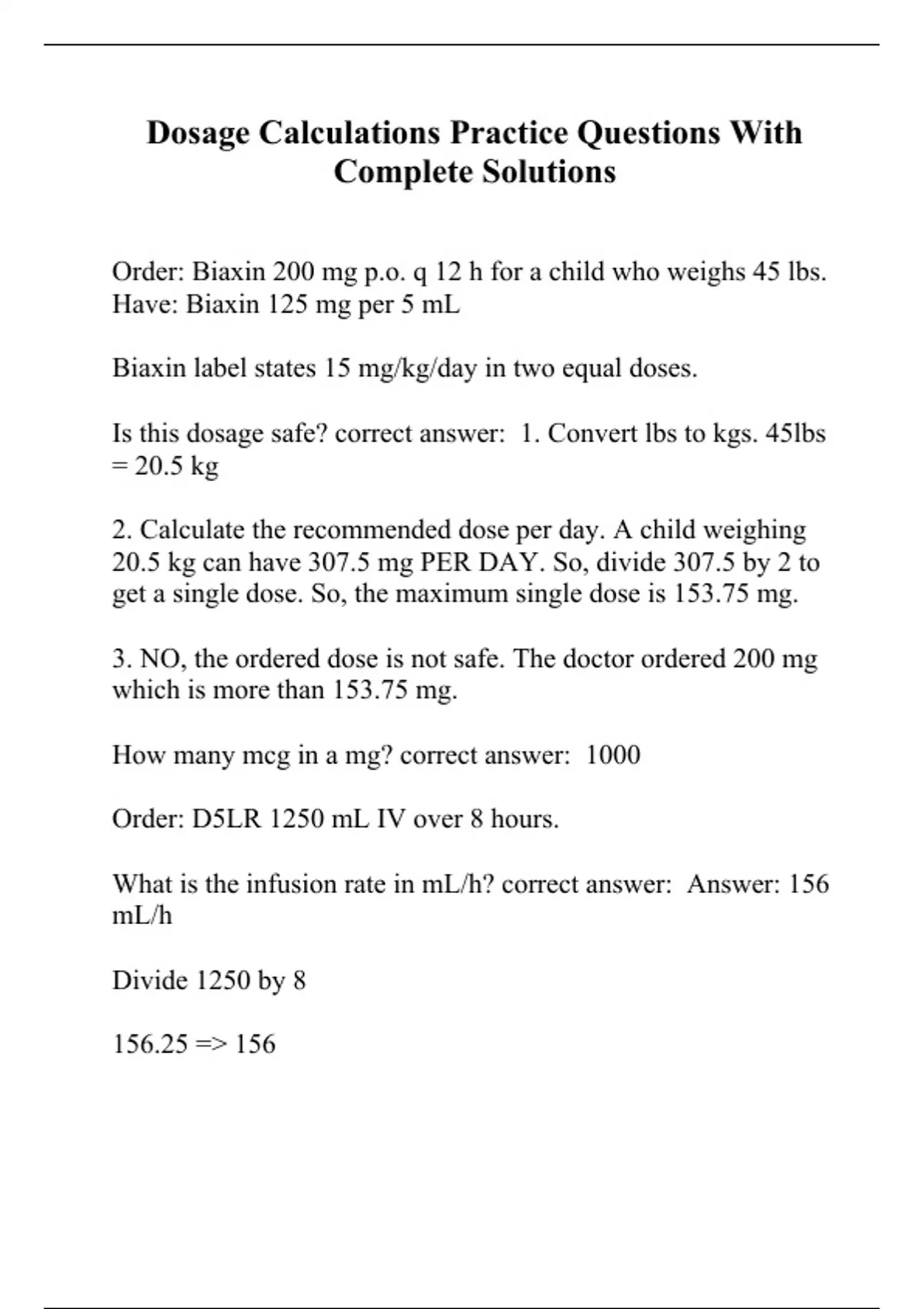 Dosage Calculations Practice Questions With Complete Solutions - Dosage ...