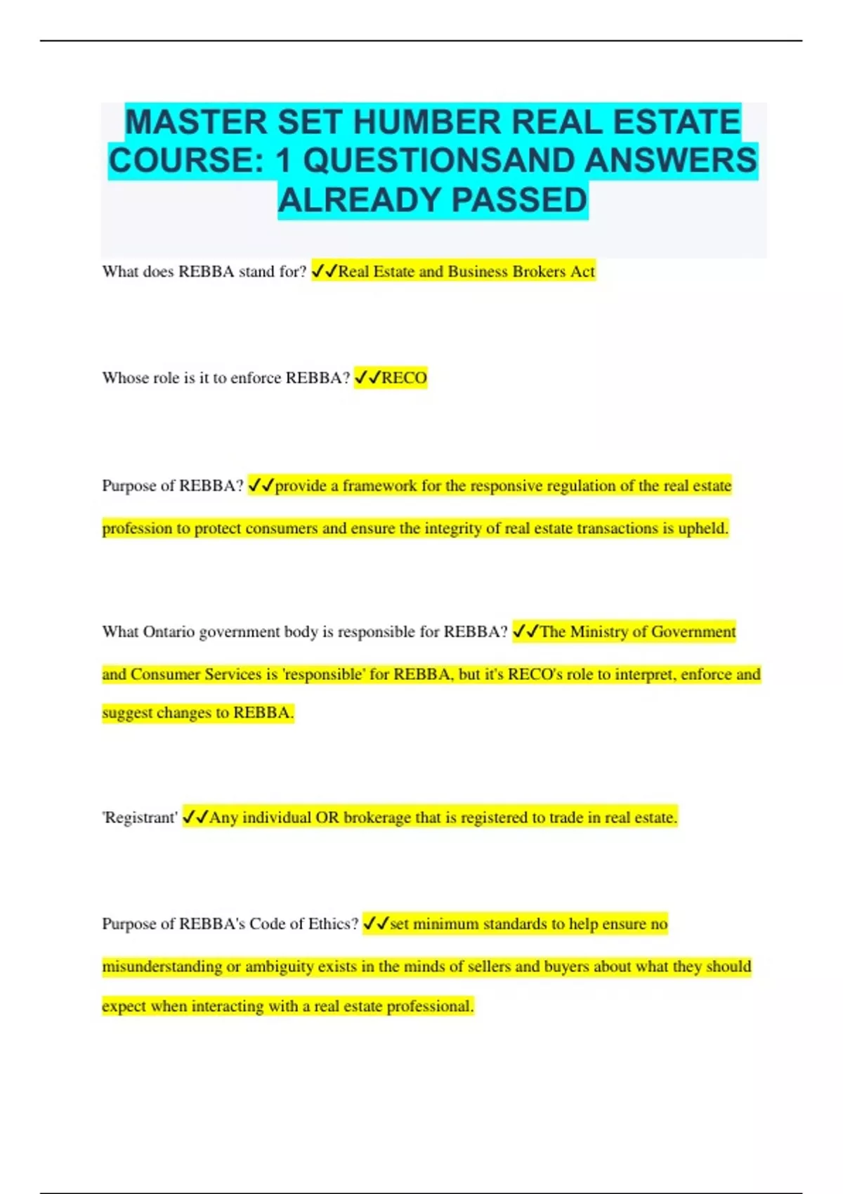 Humber Real Estate Bundled Exams Questions and Answers Multiple