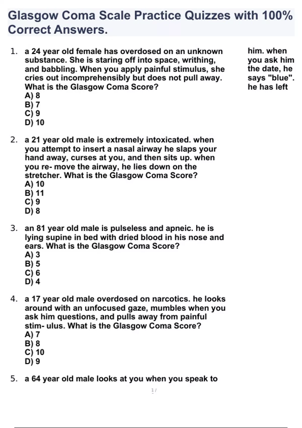 Glasgow Coma Scale Practice Quizzes with 100 Correct Answers. Stuvia US