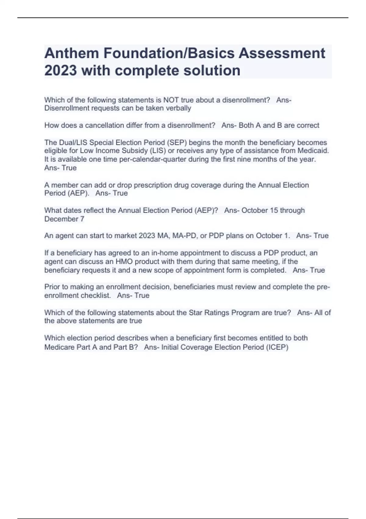 Anthem Foundation/Basics Assessment 2023 with complete solution Stuvia US