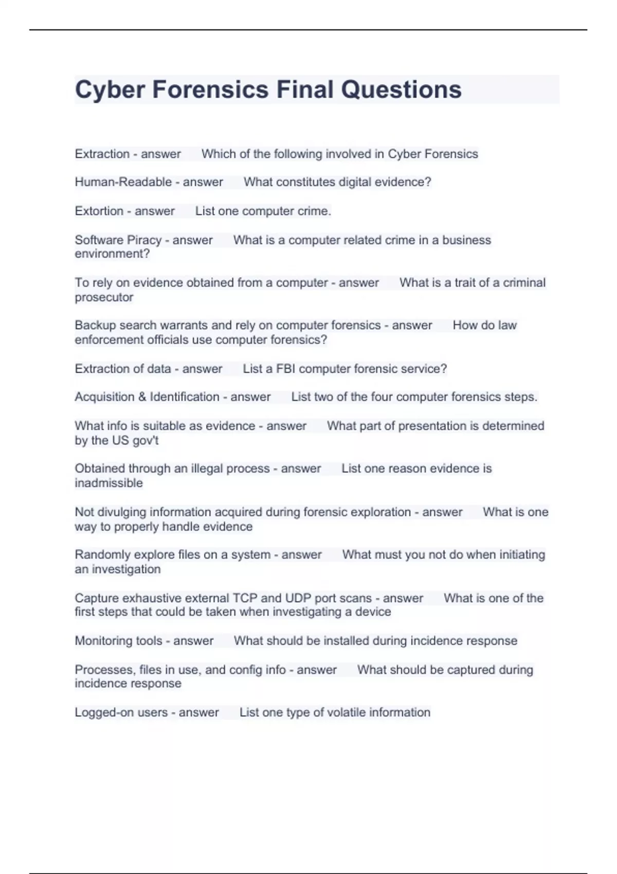 Cyber Forensics Final Questions with solutions 2023 Computer