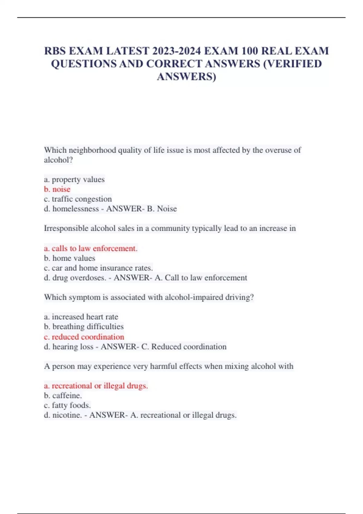 RBS EXAM LATEST EXAM 100 REAL EXAM QUESTIONS AND CORRECT ANSWERS