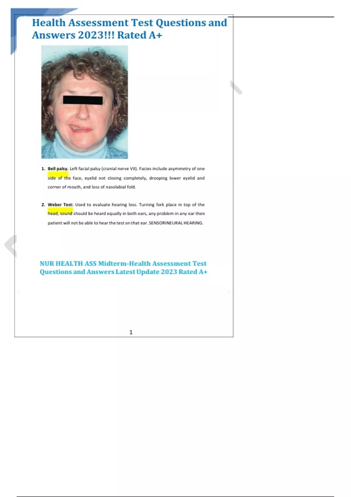 Health Assessment Test Questions and Answers 2023 Stuvia US