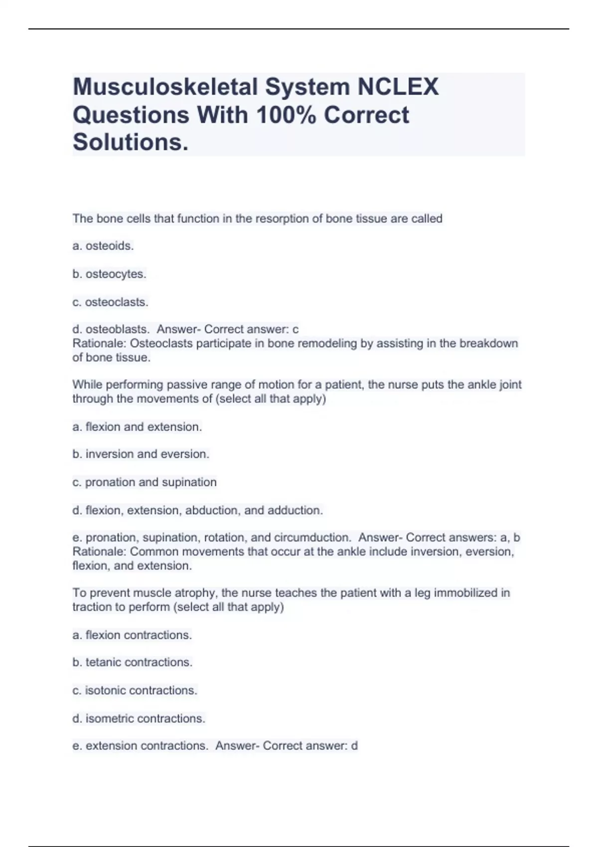 Musculoskeletal System NCLEX Questions With 100 Correct Solutions. NCLEX Musculoskeletal