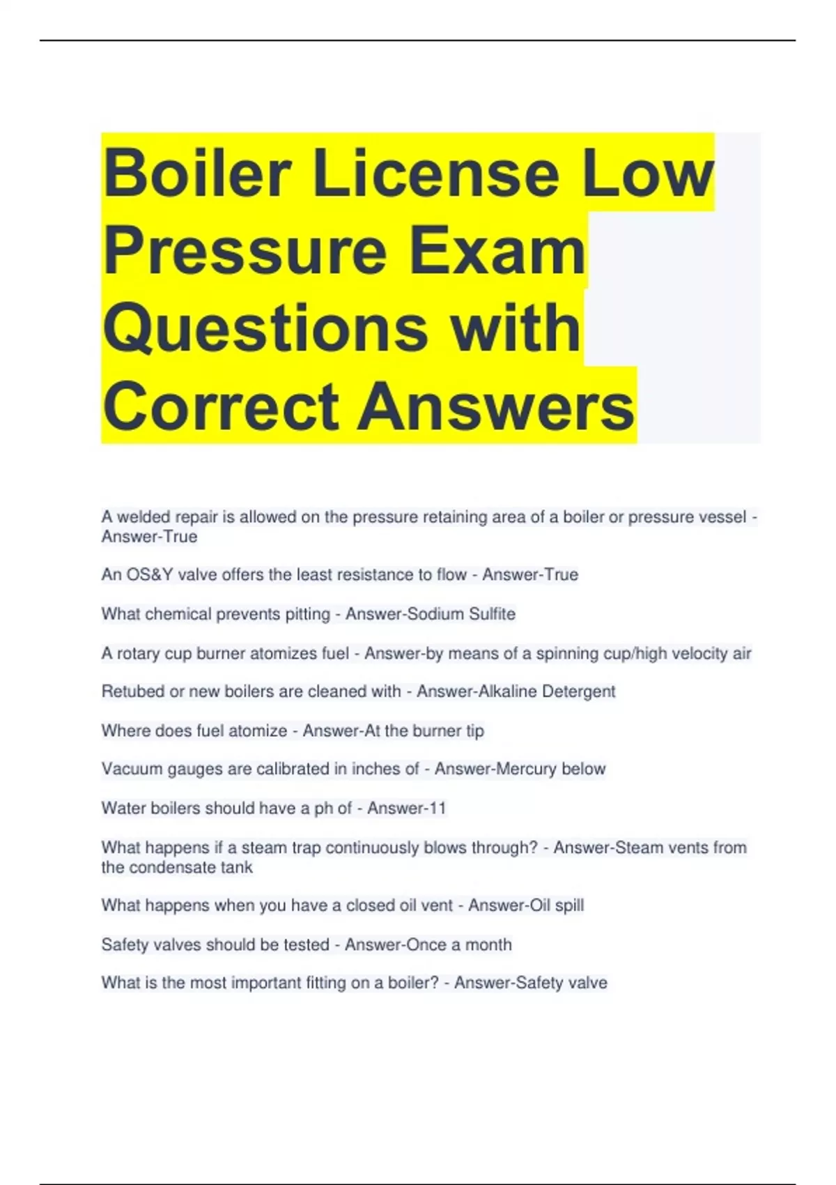Boiler License Low Pressure Exam Questions with Correct Answers Stuvia US