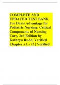 COMPLETE AND UPDATED TEST BANK For Davis Advantage for Pediatric Nursing&colon; Critical Components of Nursing Care&comma; 3rd Edition by Kathryn Rudd&vert; Verified Chapter's 1 - 22 &vert; Verified  