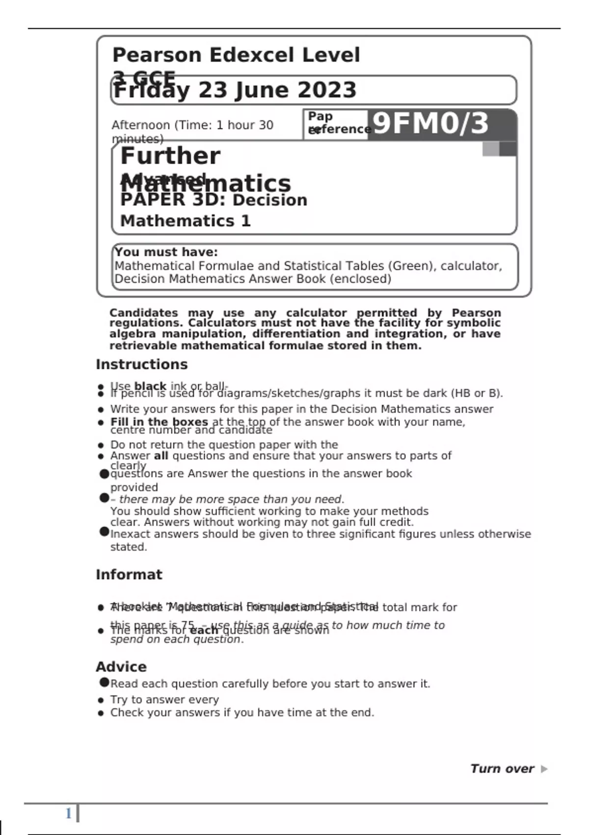 Pearson Edexcel Level 3 Further Mathematics Advanced PAPER 3D Decision