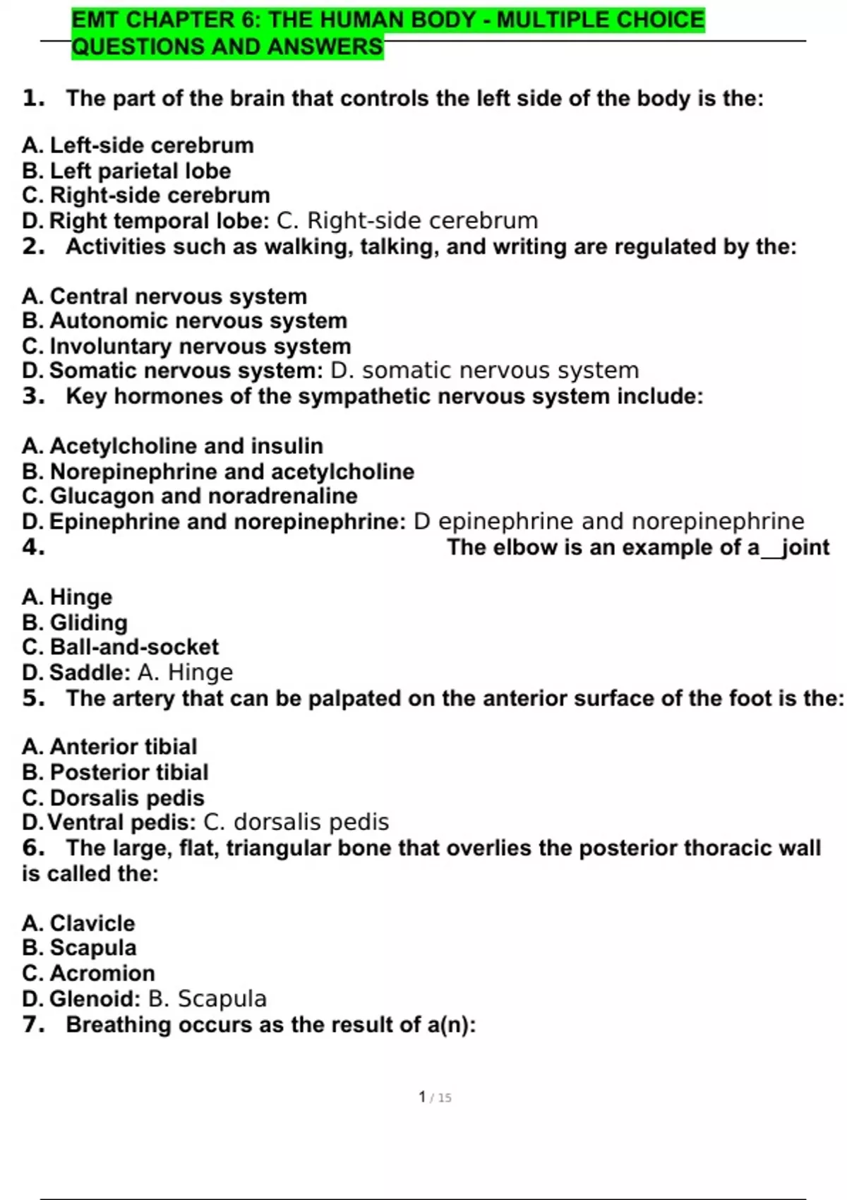 EMT CHAPTER 6 THE HUMAN BODY MULTIPLE CHOICE QUESTIONS AND ANSWERS